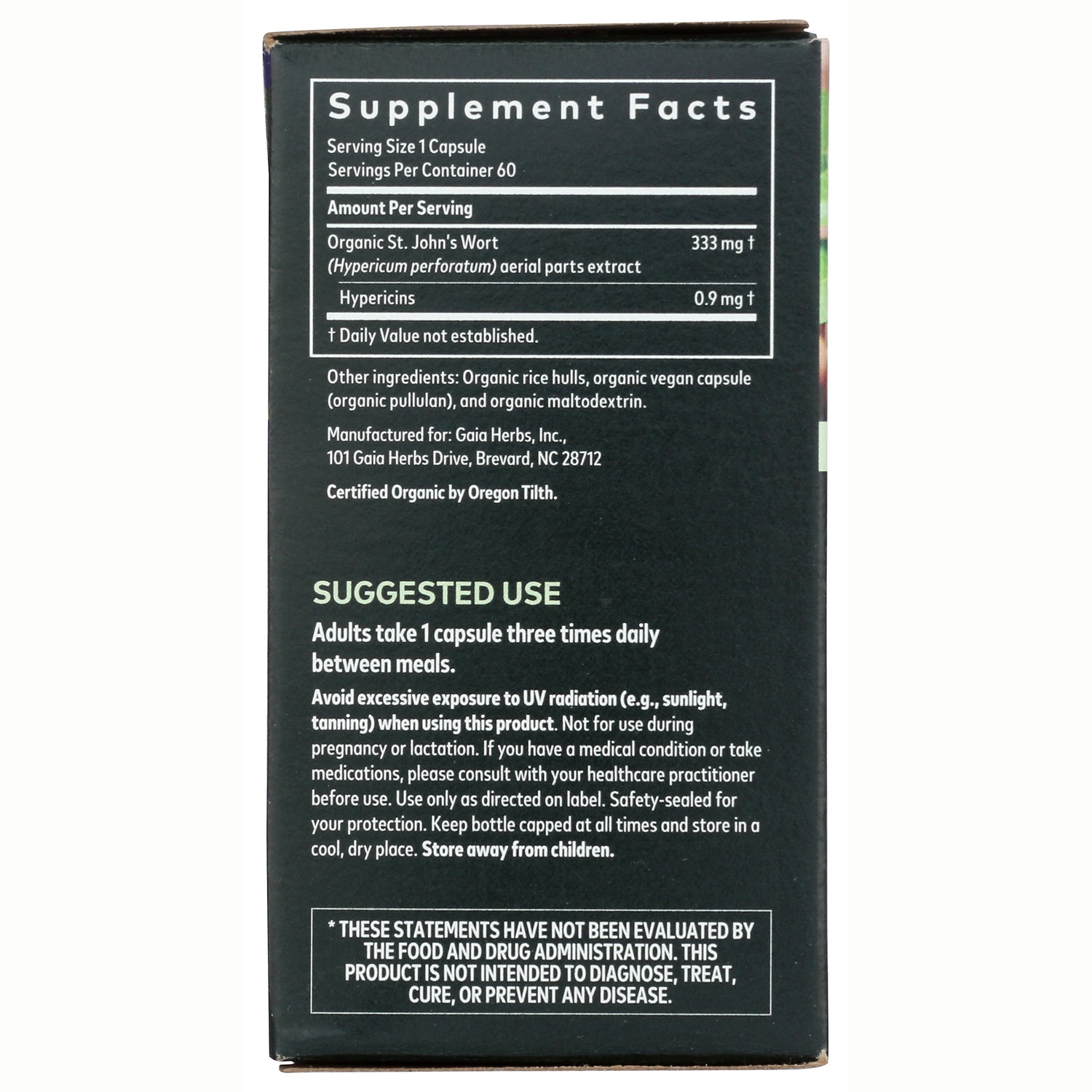 GH021 | Back panel showing Supplement Facts, ingredient amounts, suggested use and warnings on dark green box
