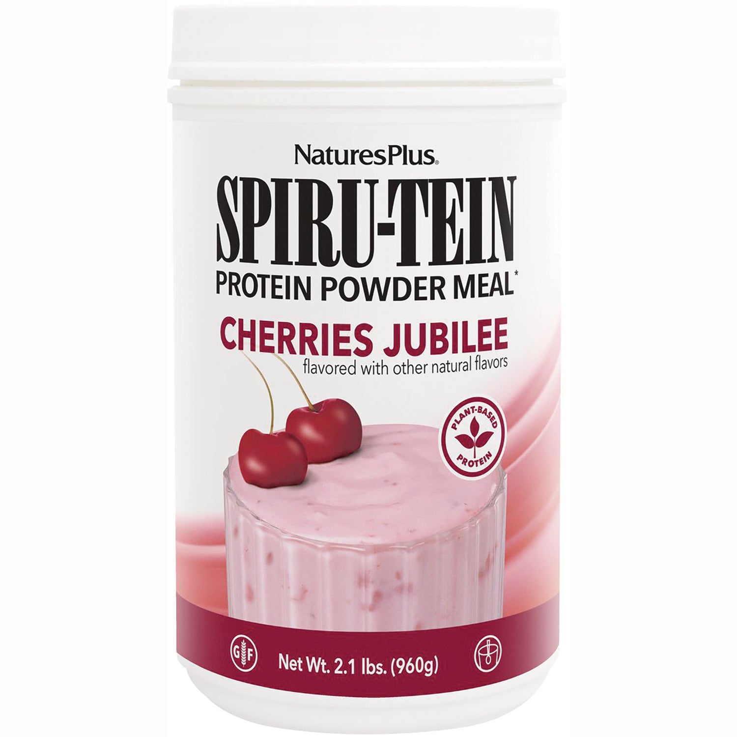 NTP083 | NaturesPlus SPIRU-TEIN Cherries Jubilee protein powder container front view, 2.1 lbs (960g)