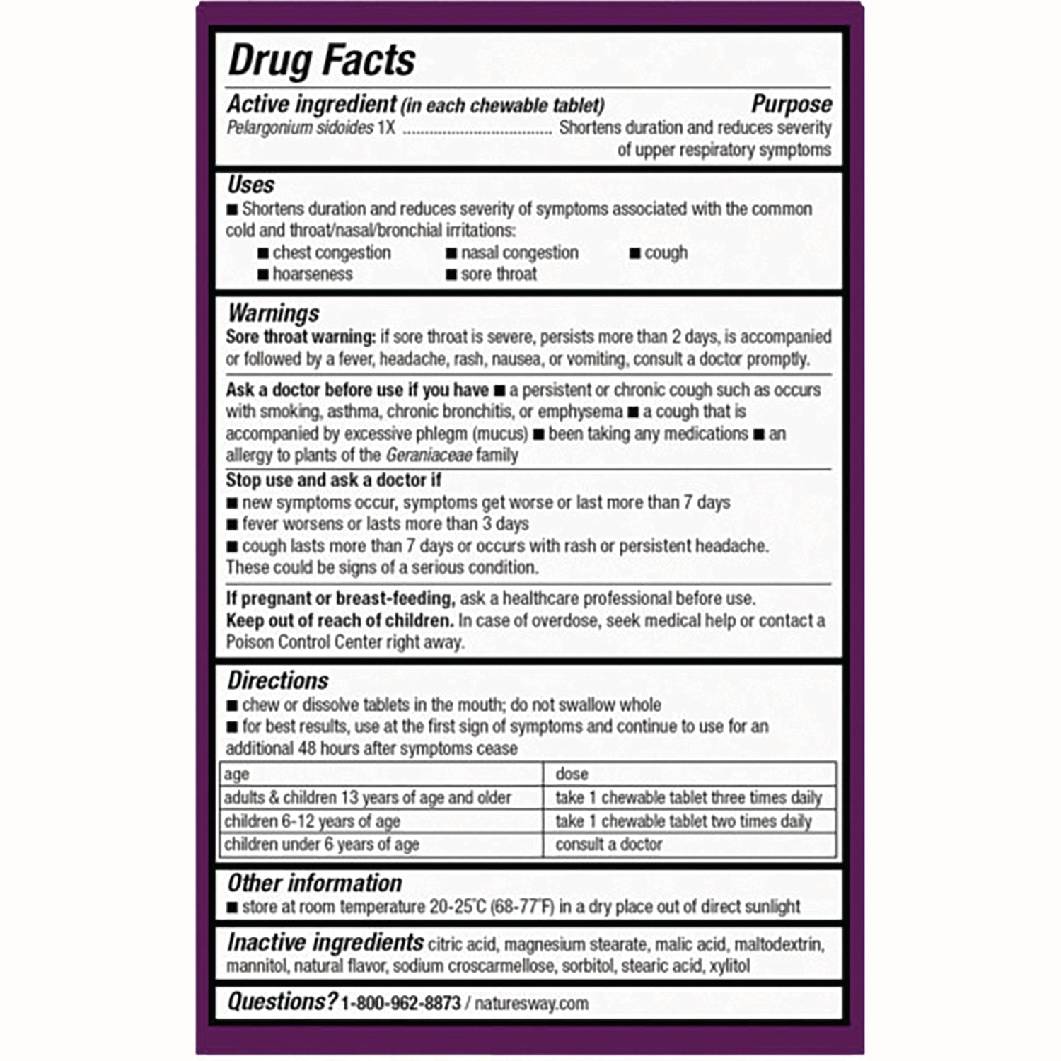 NW645 | back label showing Drug Facts panel with active ingredient Pelargonium sidoides 1X, warnings, directions, inactive ingredients