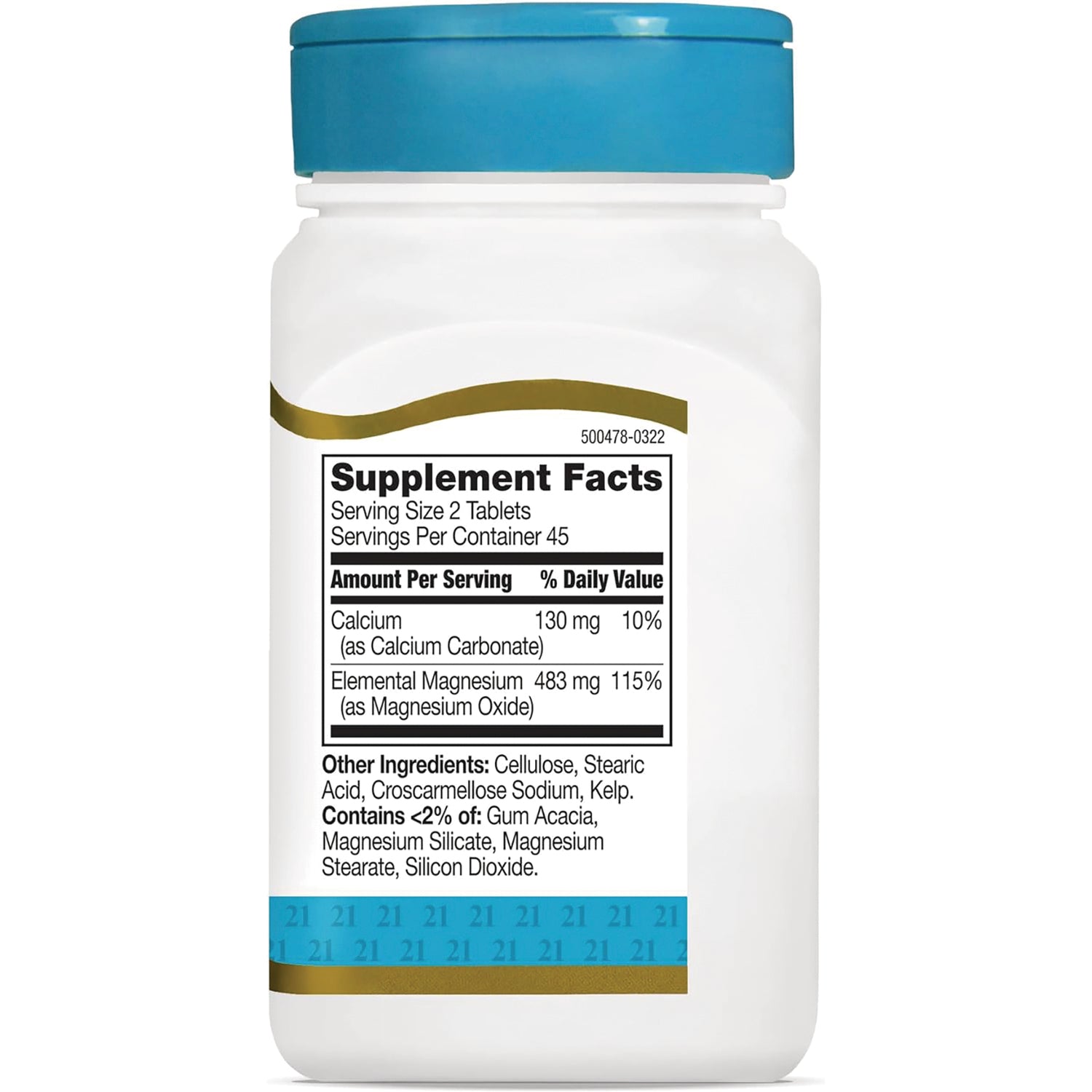 CNT105 | back of white supplement bottle showing Supplement Facts panel with serving size, calcium, magnesium, and other ingredients