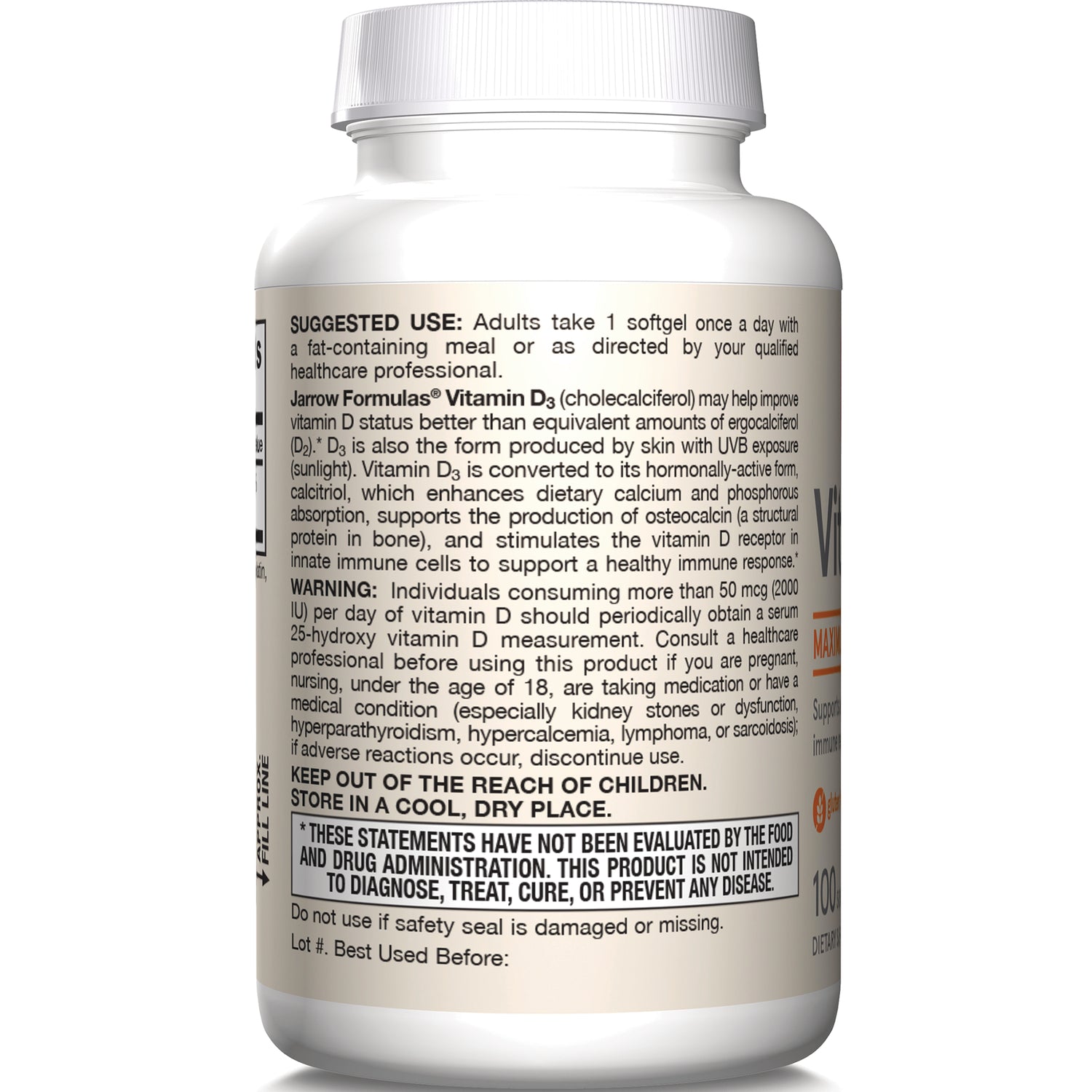 JR173 | Back label showing suggested use, warning, storage instructions, and supplement disclaimer