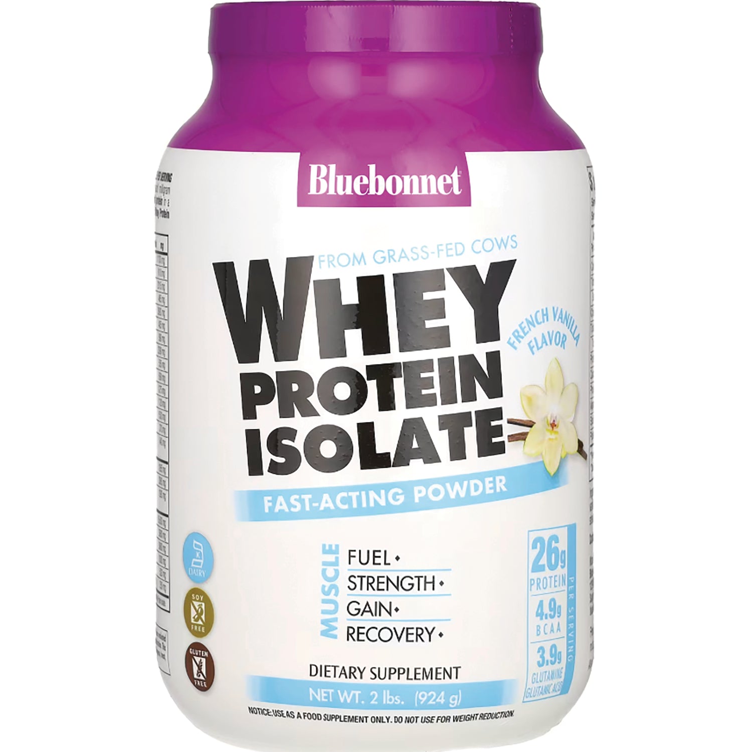 BLU133 | Bluebonnet WHEY PROTEIN ISOLATE tub, French vanilla fast-acting powder, 1 lb dietary supplement