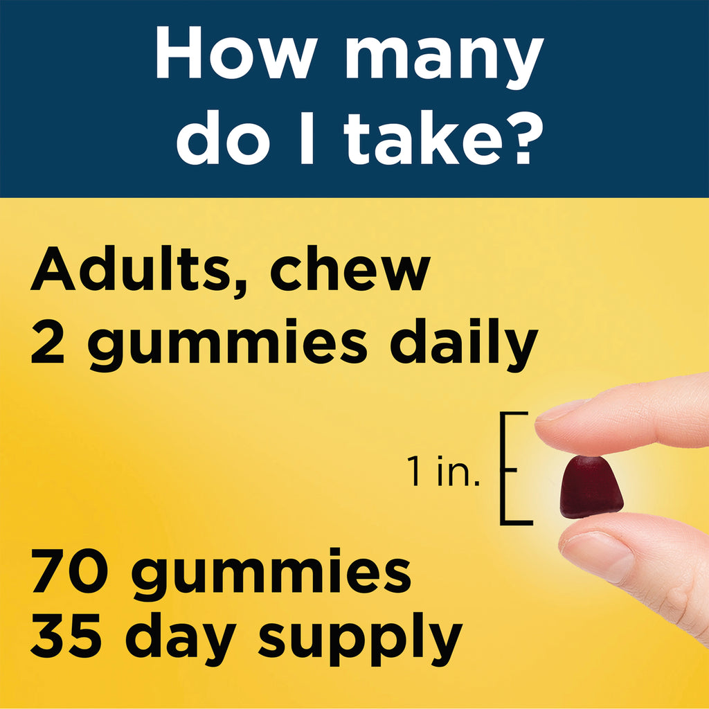 NTM139 | Adults, chew 2 gummies daily; 70 gummies 35 day supply; finger holding gummy next to 1 in. scale - Thumbnail