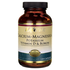 LifeTIME Calcium-Magnesium supplement bottle labeled Potassium Vitamin D & Boron, 120 capsules