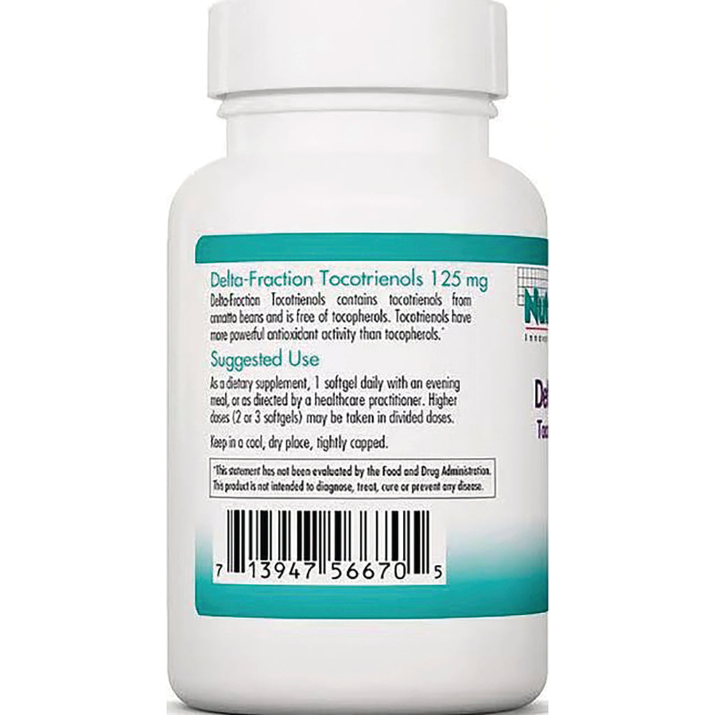 NCL146 | back of white supplement bottle showing Delta-Fraction Tocotrienols 125 mg label, suggested use text and barcode - Thumbnail