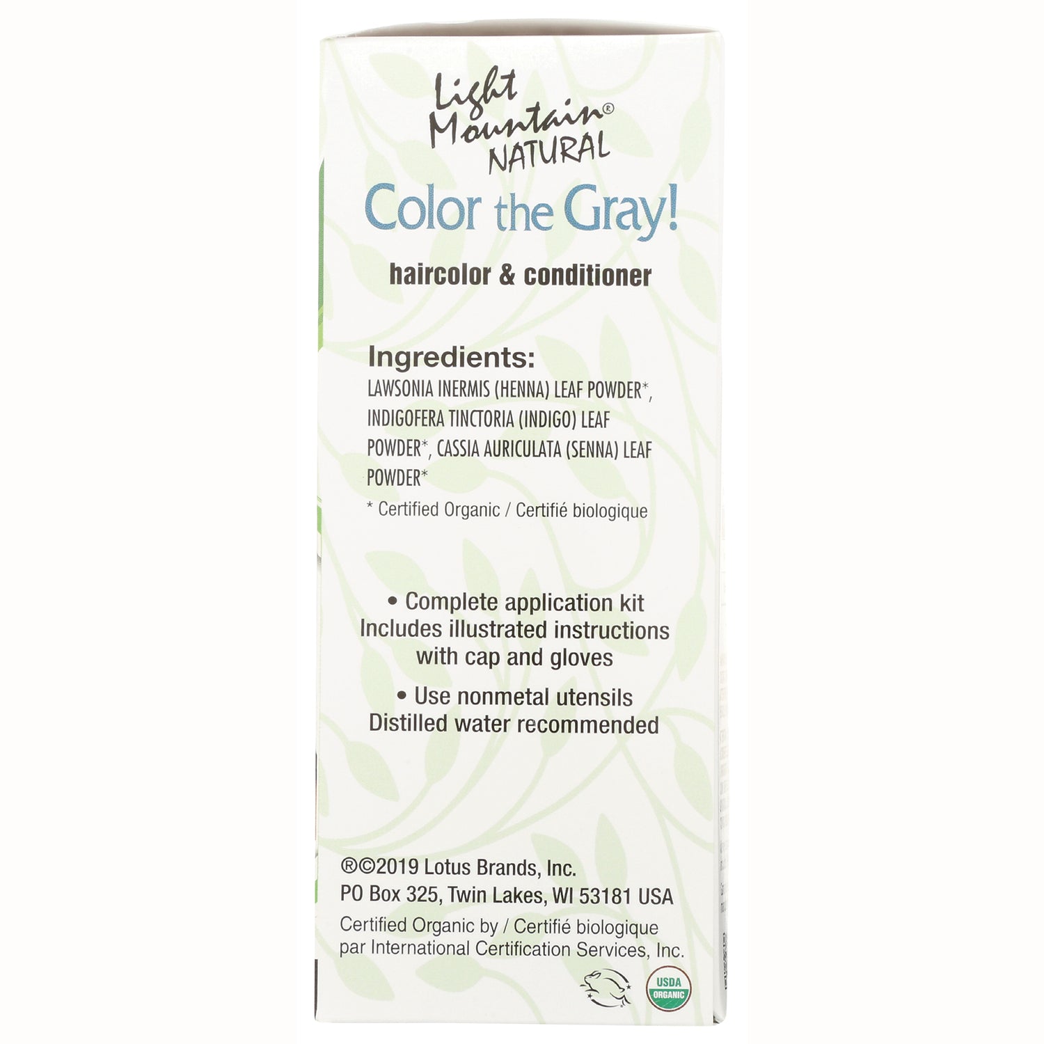 LTM006 | Back of Light Mountain Natural Color the Gray haircolor & conditioner box showing ingredients and application instructions