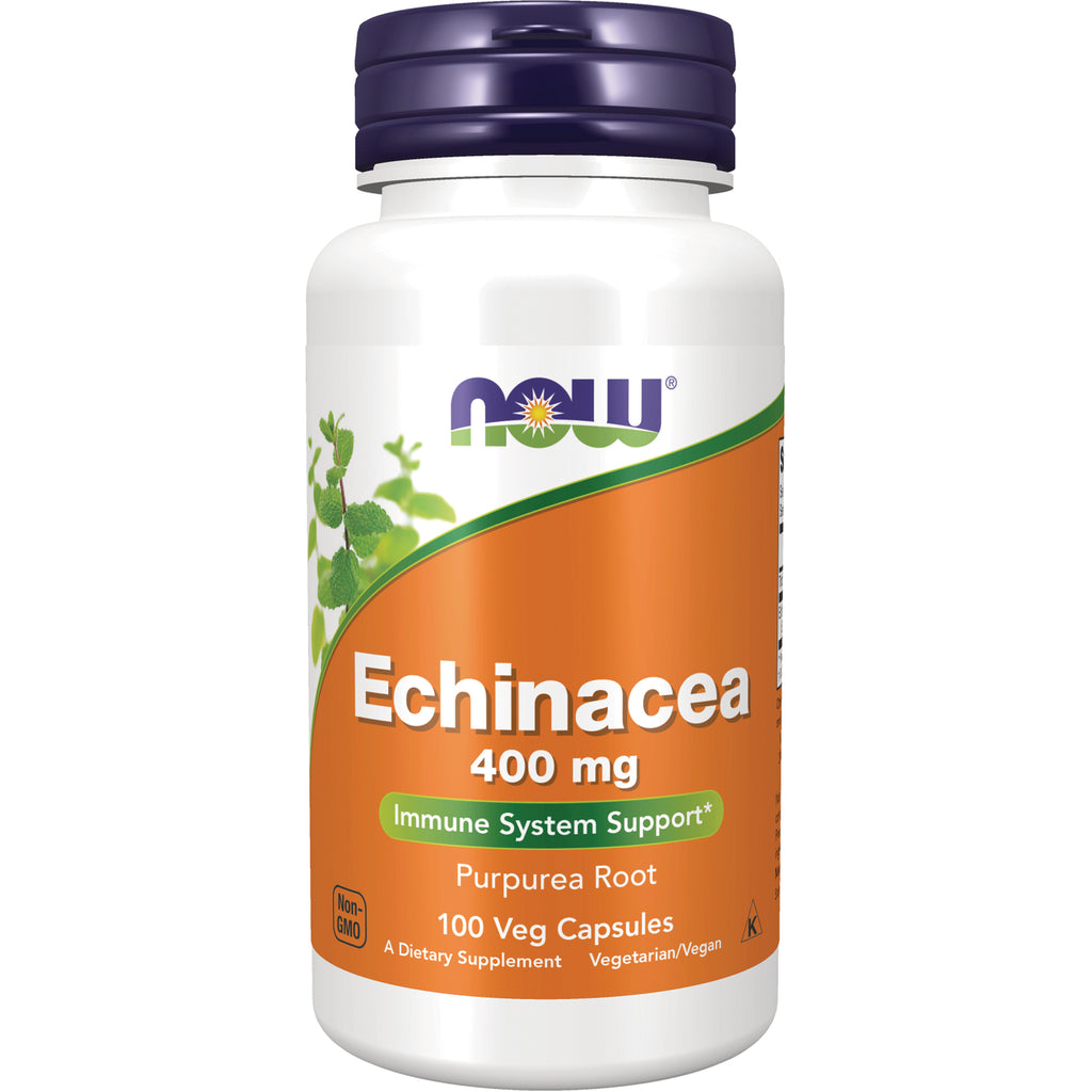 NWF239 | NOW Echinacea 400 mg bottle, 100 Veg Capsules, Purpurea root on orange label - Thumbnail