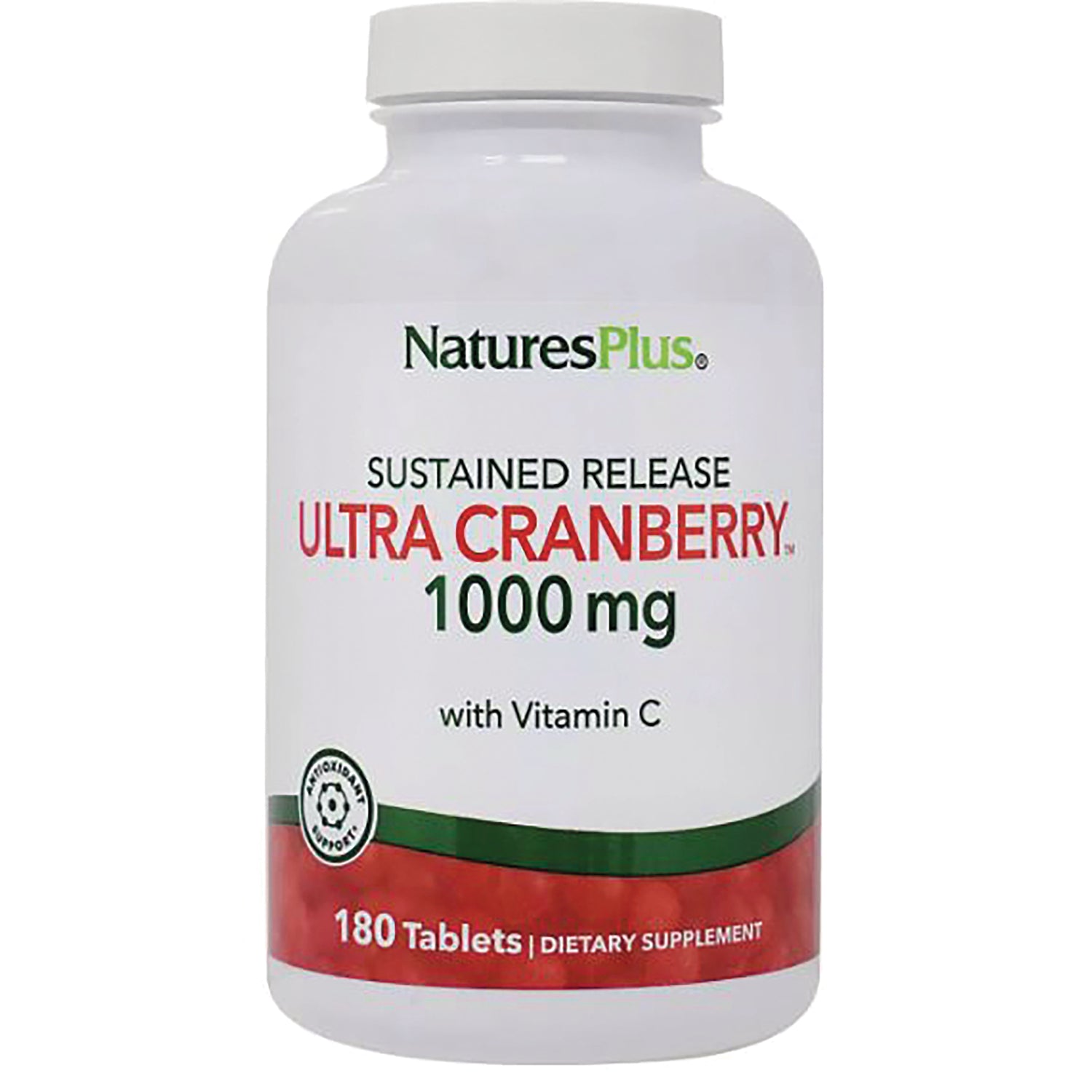 NTP037 | White bottle labeled NaturesPlus Sustained Release ULTRA CRANBERRY 1000 mg with Vitamin C, 180 tablets