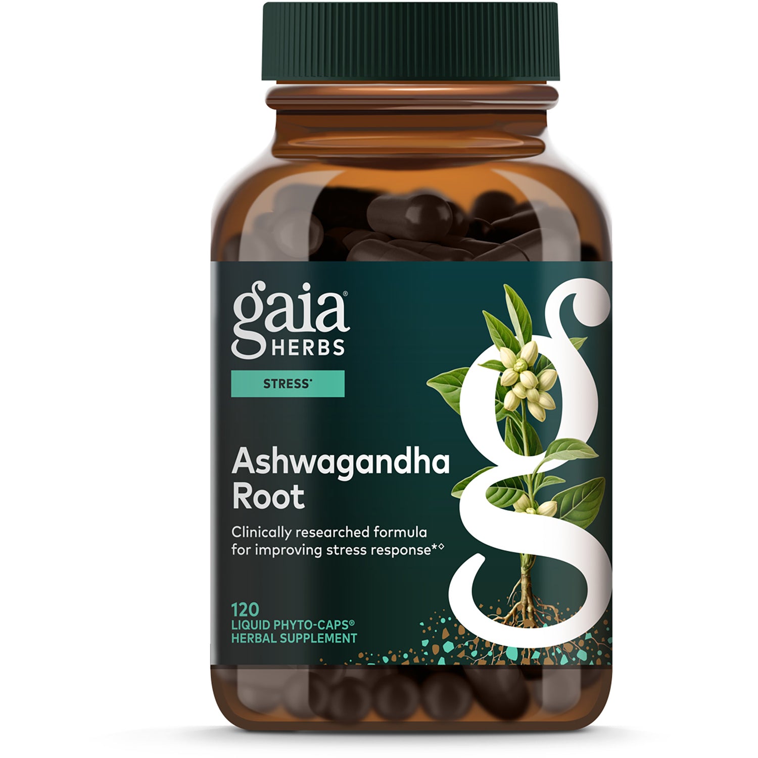 GH152 | Gaia Herbs Ashwagandha Root supplement bottle, 120 vegan liquid phyto-caps stress support