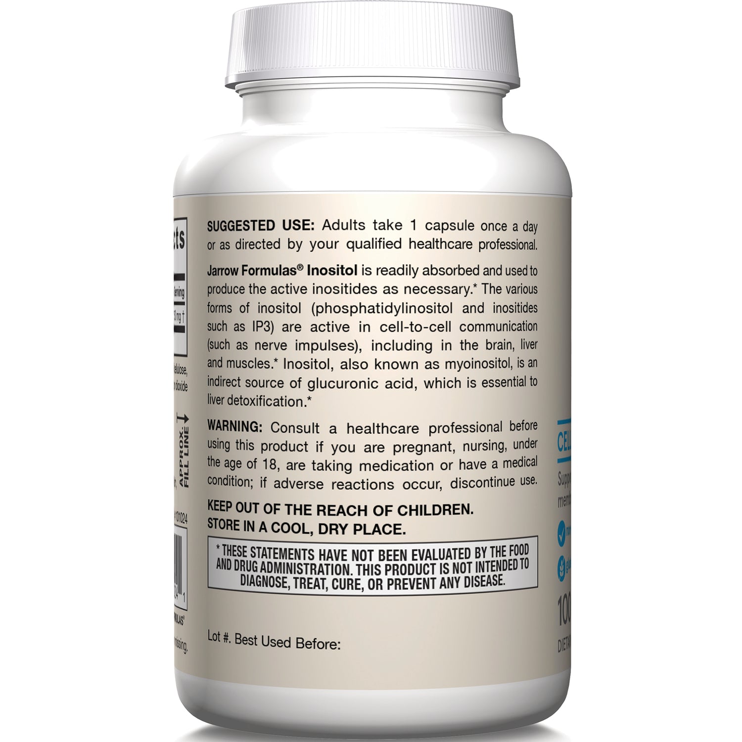 JR084 | Back label of white supplement bottle showing suggested use, warning, and storage instructions