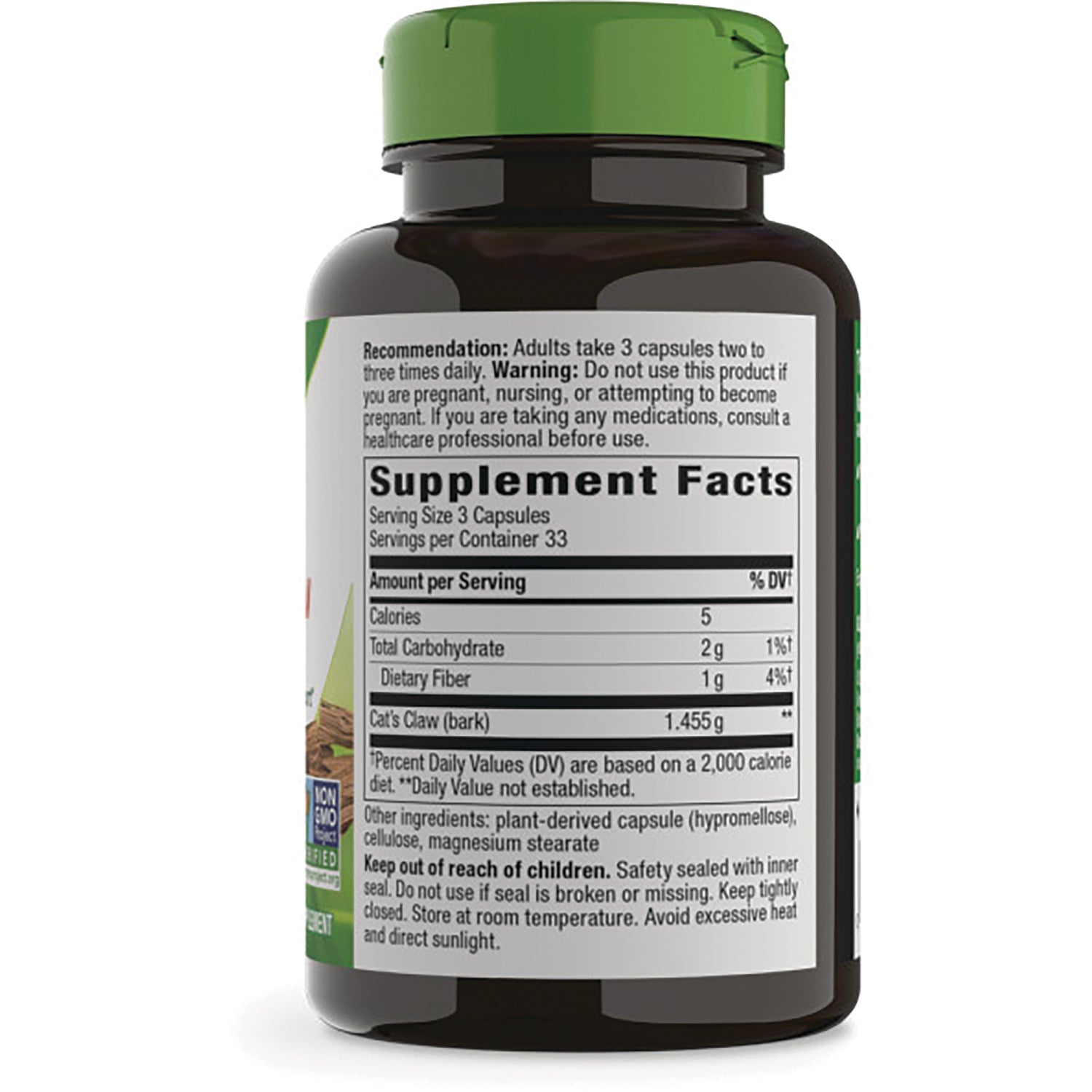 NW469 | Back of brown supplement bottle showing Supplement Facts panel with serving size, ingredients, and warning text