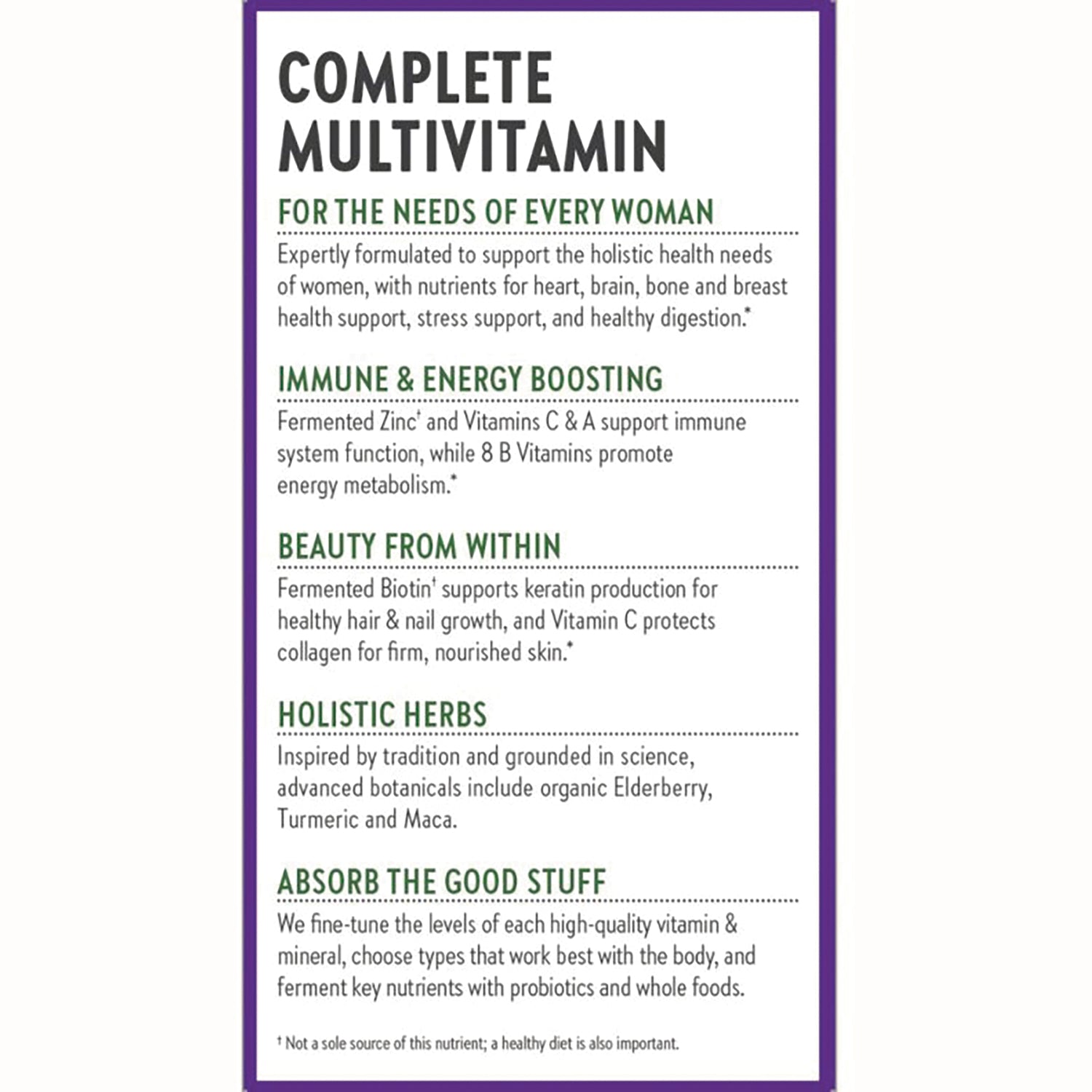NWC144 | product infographic listing: complete multivitamin, immune and energy support, beauty from within, holistic herbs