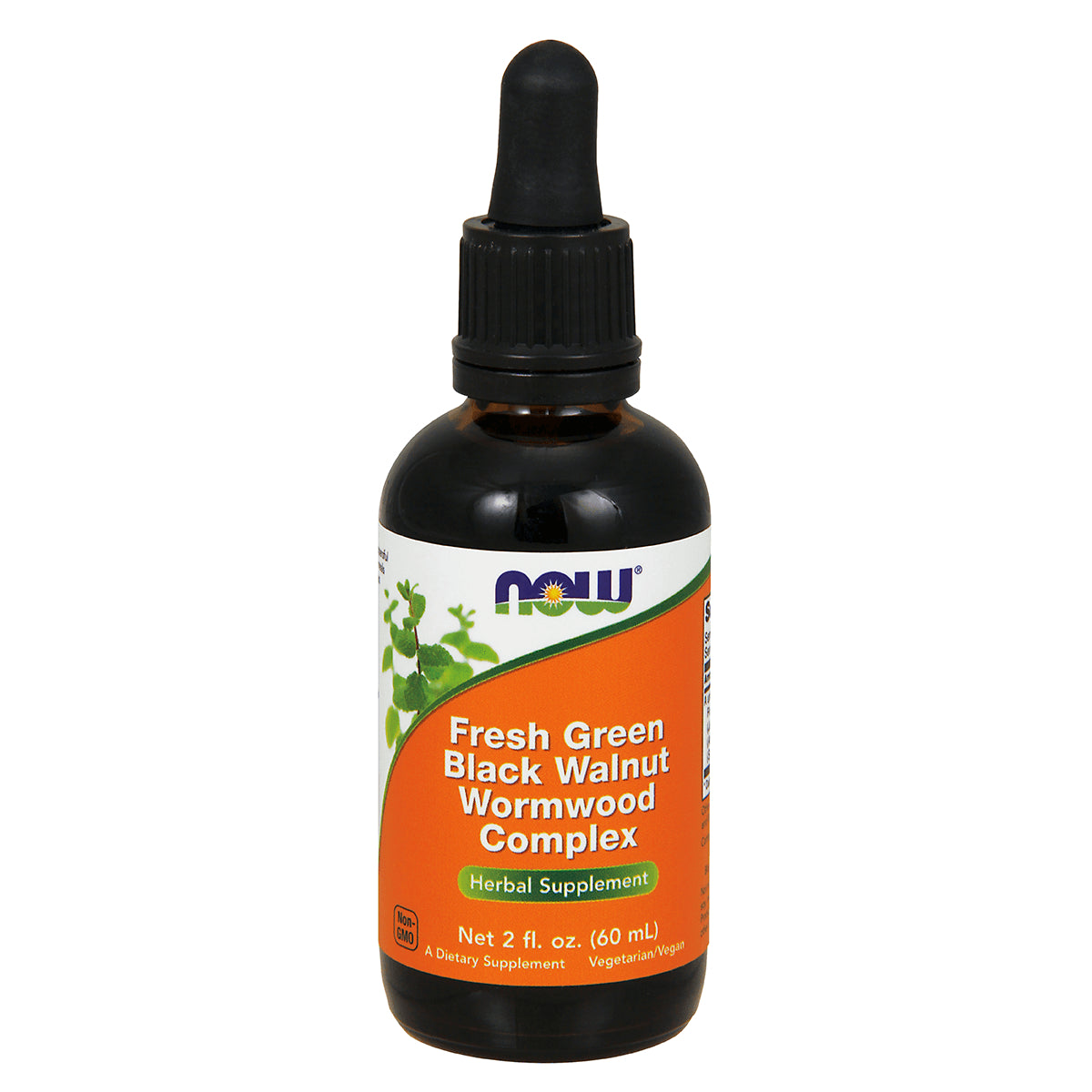 NWF995 | Front view of amber dropper bottle labeled Fresh Green Black Walnut Wormwood Complex herbal supplement 2 fl oz