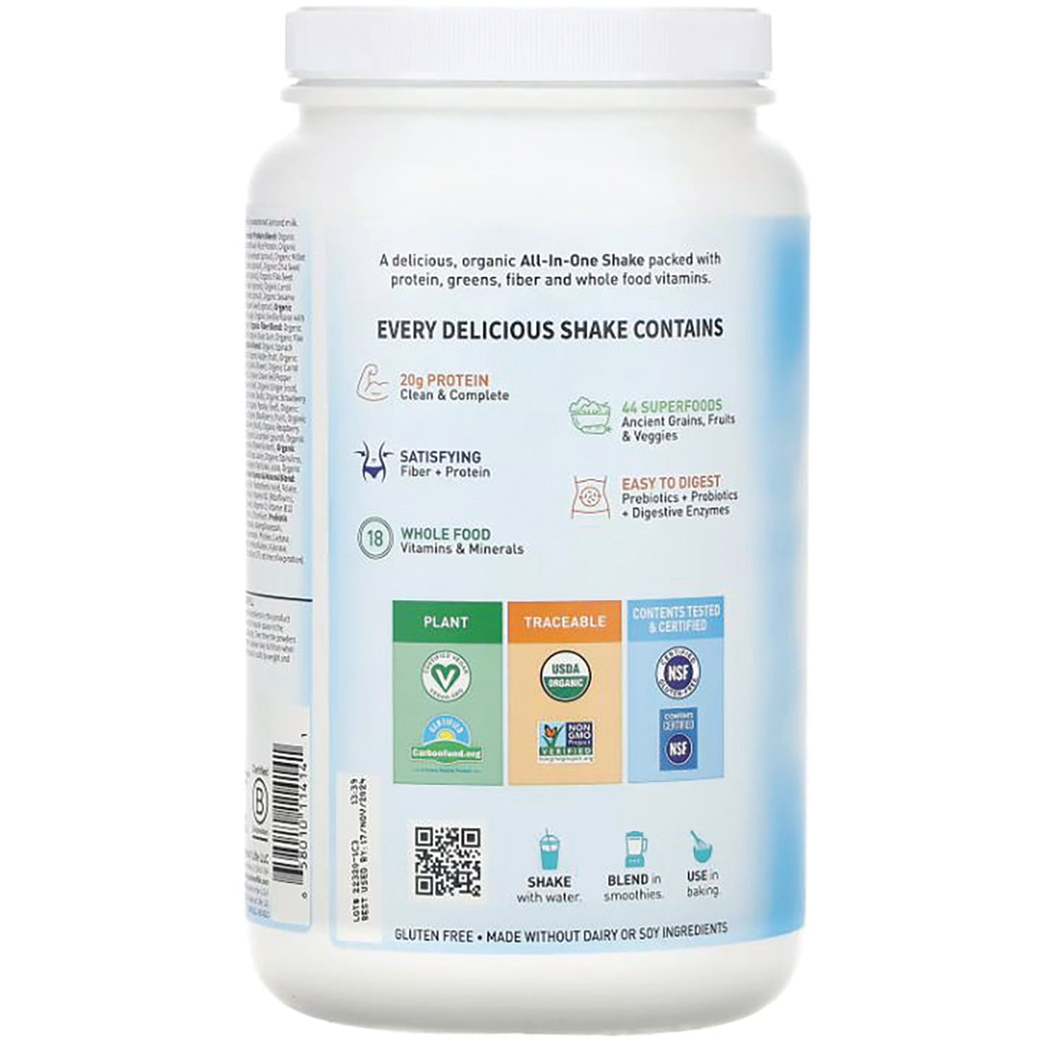 GLF061 | Back label of shake jar listing benefits, certifications, QR code, and usage icons