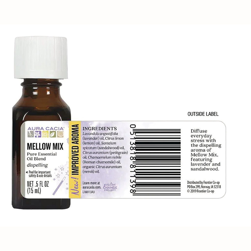 ARC046 | Back label of Aura Cacia Mellow Mix essential oil bottle showing ingredients, barcode and NET .5 FL OZ (15 mL) - Thumbnail