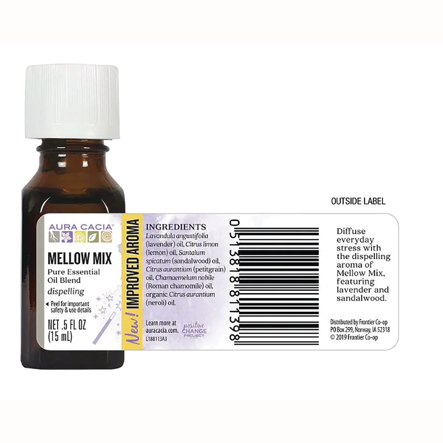 ARC046 | Back label of Aura Cacia Mellow Mix essential oil bottle showing ingredients, barcode and NET .5 FL OZ (15 mL)
