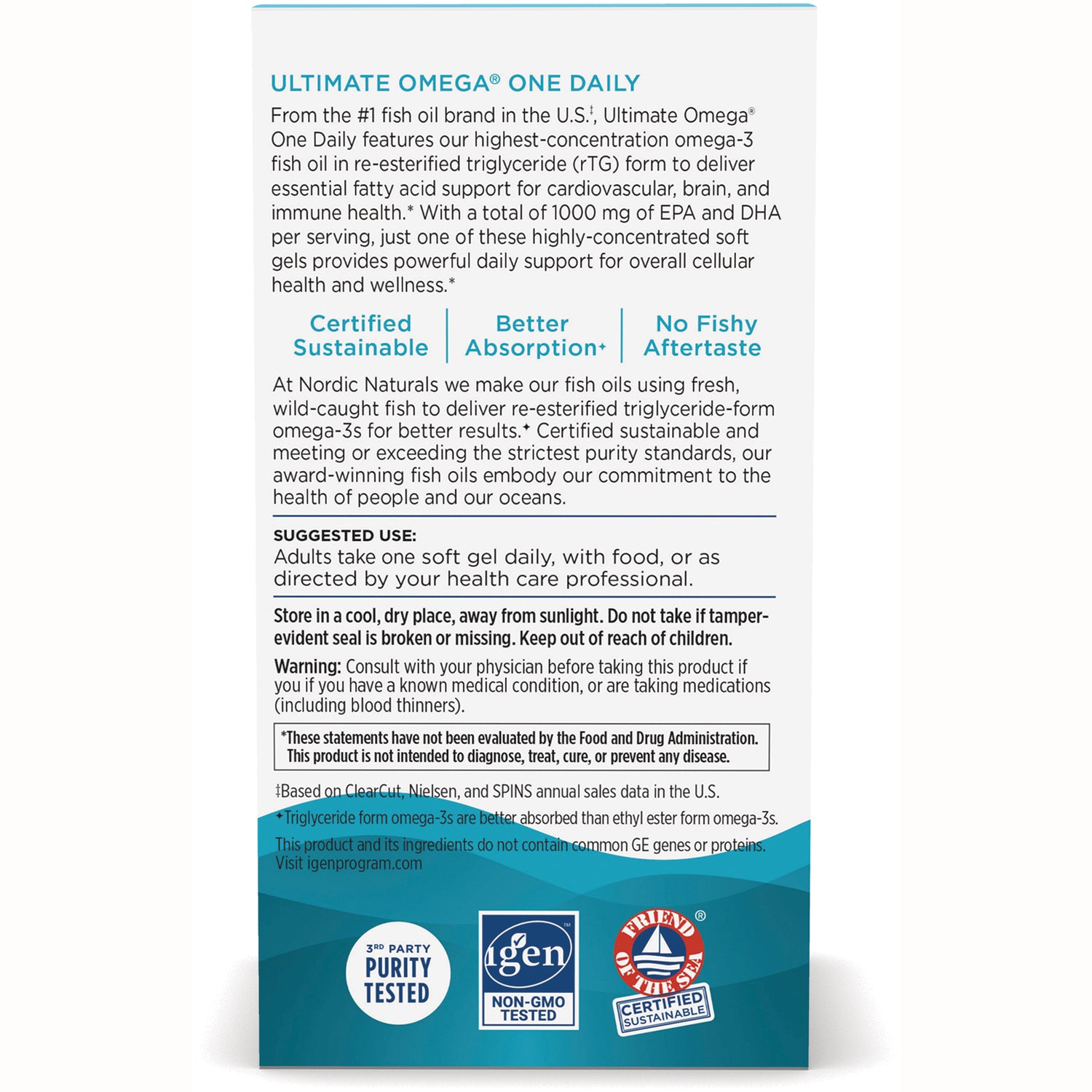 NRN137 | back panel of Ultimate Omega One Daily box showing suggested use, warnings, and certification badges