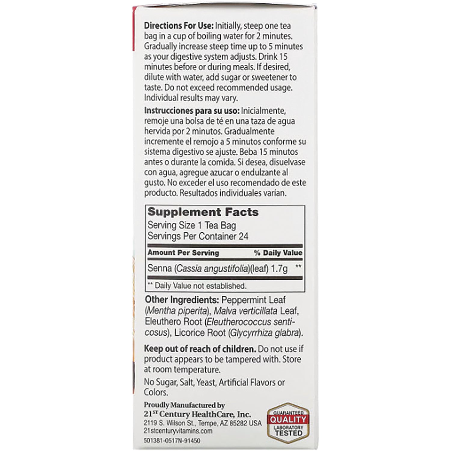 CNT153 | Back panel showing directions, bilingual instructions, supplement facts and ingredient list for herbal tea