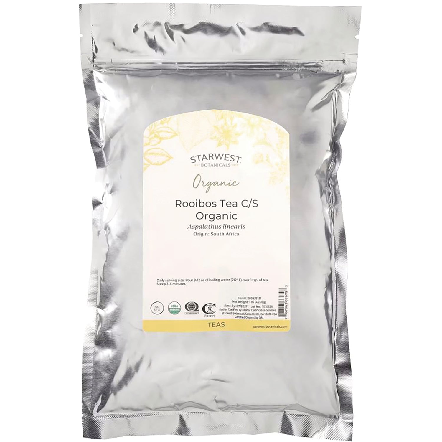 STB001 | Front of Starwest Botanicals Organic Rooibos Tea C/S pouch, Aspalathus linearis, origin South Africa