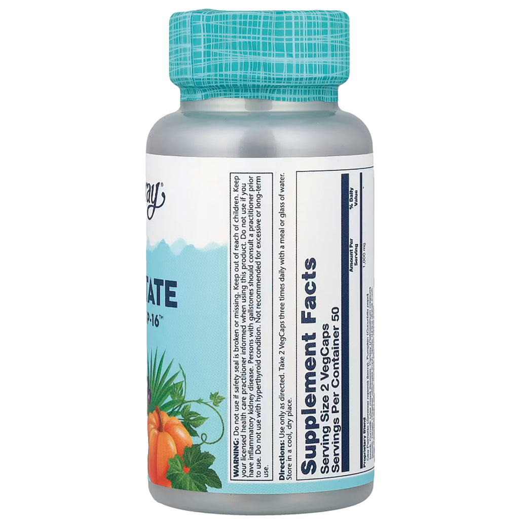 SLR439 | Back of supplement bottle showing Supplement Facts panel, teal cap and partial label artwork with pumpkin - Thumbnail