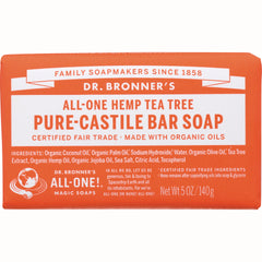 DRB005 | Dr. Bronner's All-One Hemp Tea Tree pure-castile bar soap packaging front showing product name and Net Wt 5 OZ/140 g
