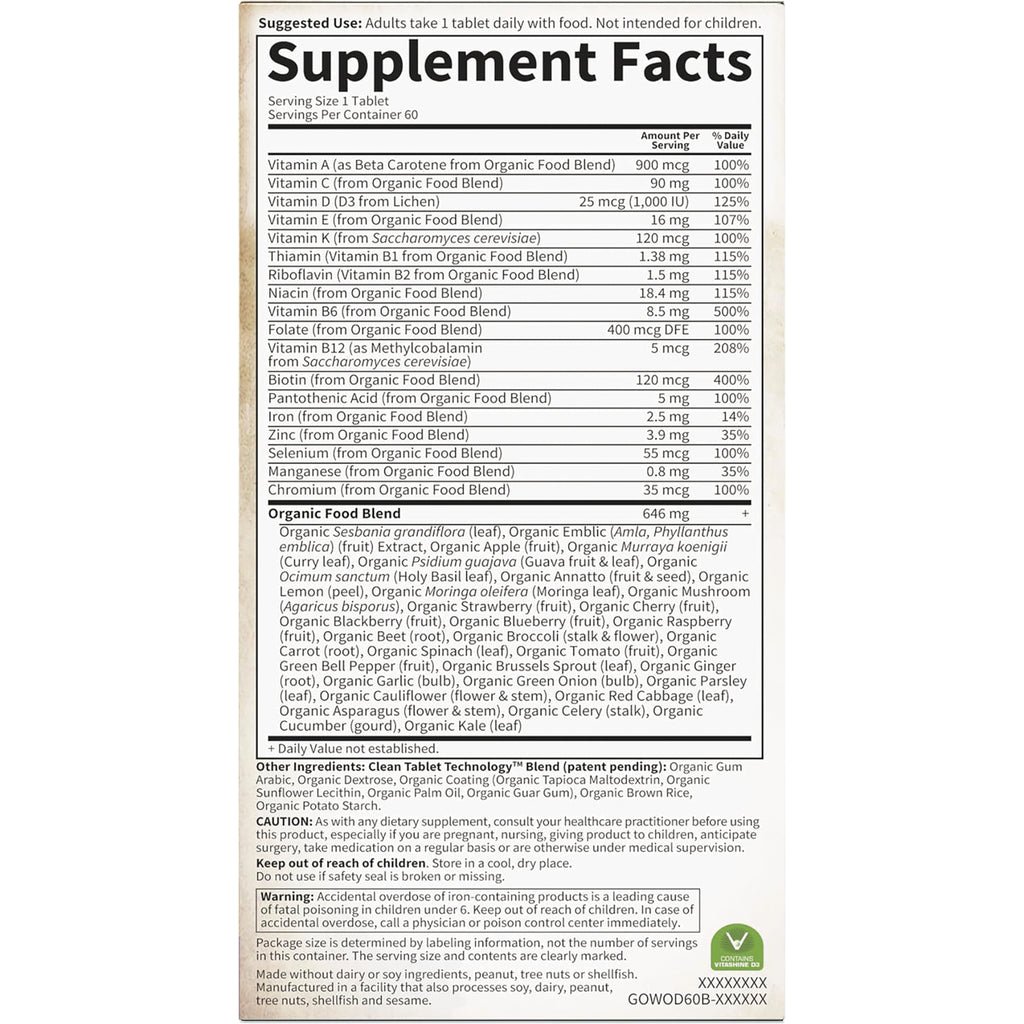 GLF180 | supplement facts label listing vitamins, minerals, serving size, and organic food blend ingredients - Thumbnail