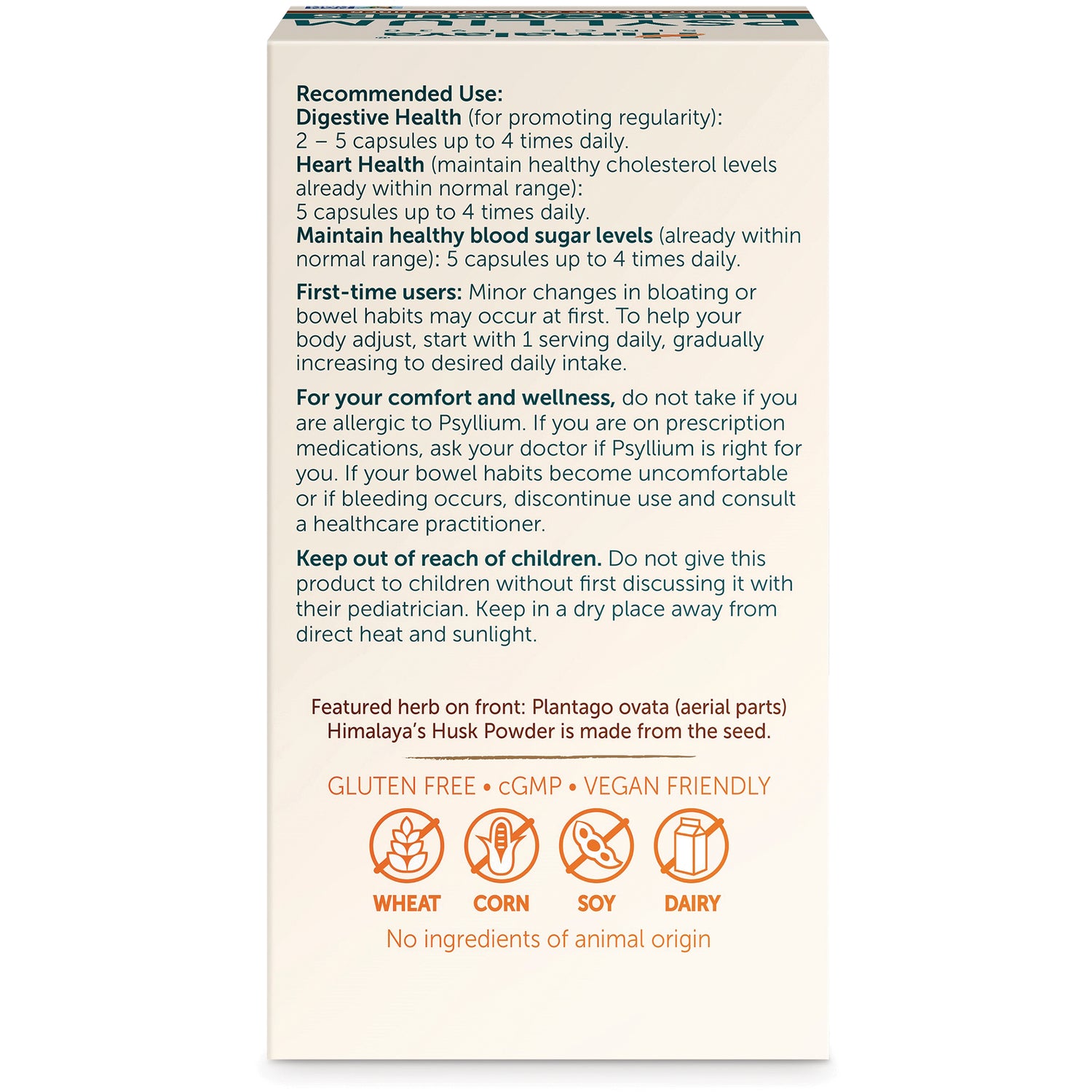 HHH059 | back panel with recommended use, warnings, and gluten-free vegan friendly icons