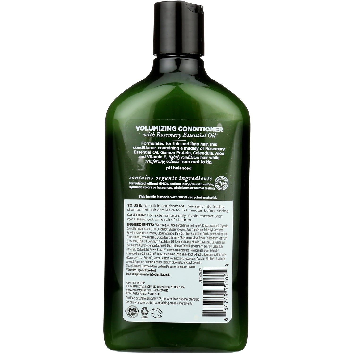 AVL070 | Back label of green volumizing conditioner bottle showing ingredients, directions and barcode