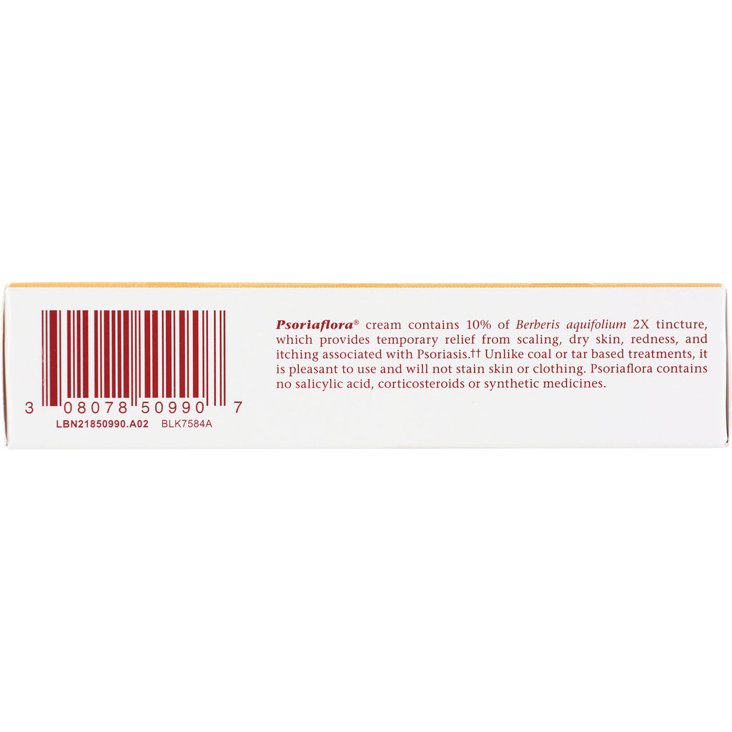 BRK005 | Back of white product box with barcode and text noting Psoriaflora cream contains 10% Berberis aquifolium tincture - Thumbnail