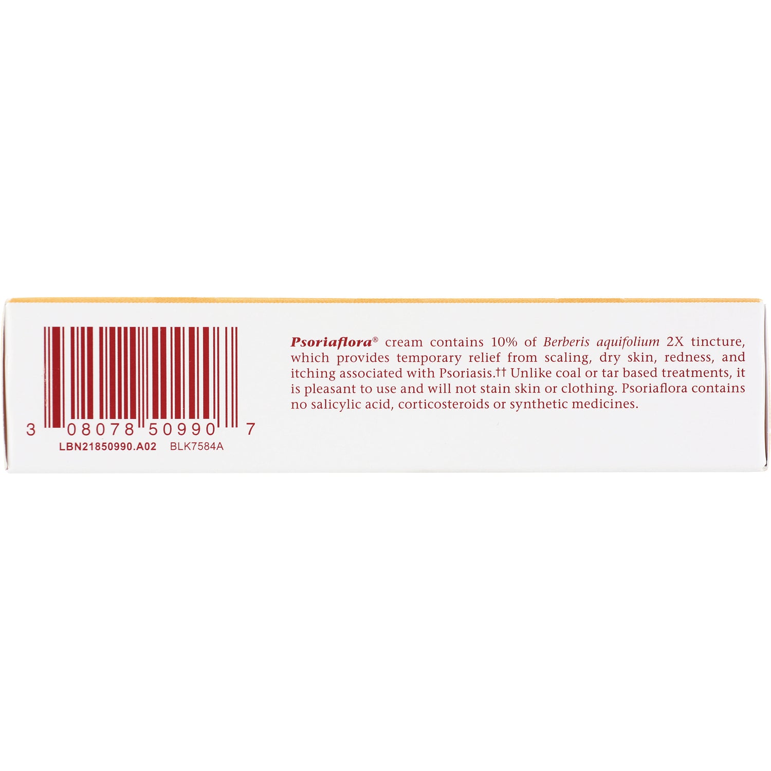 BRK005 | Back of white product box with barcode and text noting Psoriaflora cream contains 10% Berberis aquifolium tincture