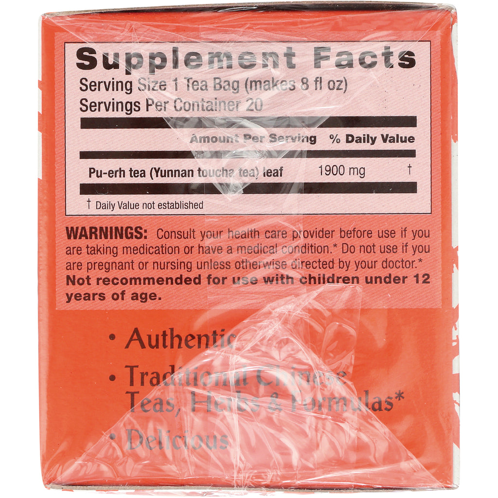 TLT026 | Back of tea box with Supplement Facts: serving size 1 tea bag, 20 servings, Pu-erh tea leaf 1900 mg, warnings - Thumbnail
