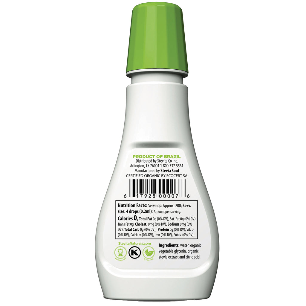 STV028 | Back label with nutrition facts, ingredients, and barcode on Stevita organic stevia drops bottle - Thumbnail