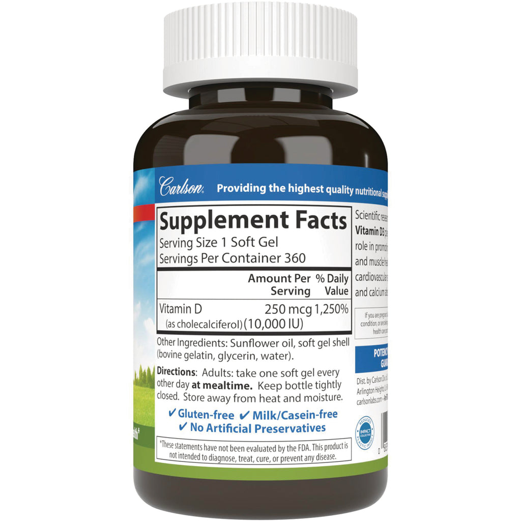 CSN299 | Back label with Supplement Facts for vitamin D soft gels 250 mcg (10,000 IU), directions and ingredient list - Thumbnail