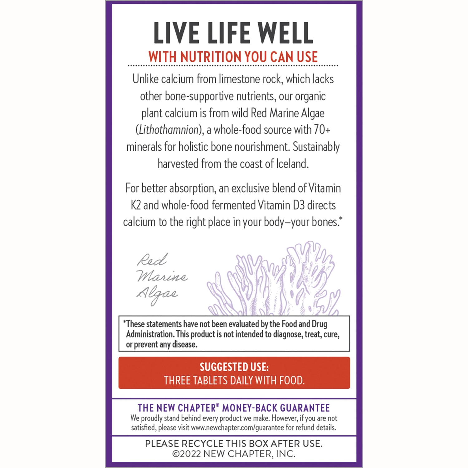 NWC309 | Back panel with copy about red marine algae, disclaimer, and suggested use THREE TABLETS DAILY WITH FOOD