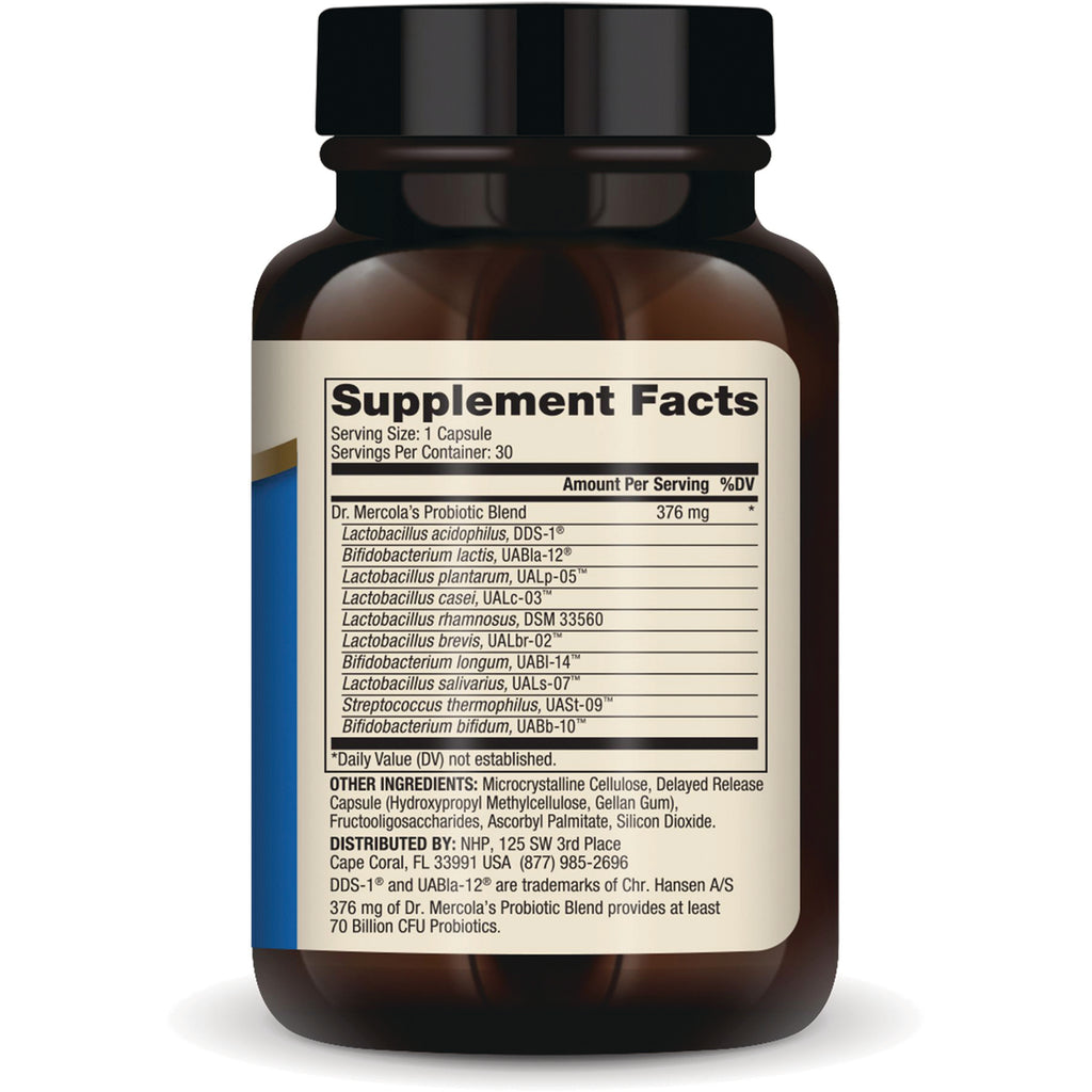 MRC045 | Back of brown supplement bottle showing Supplement Facts panel with probiotic blend and ingredient list - Thumbnail