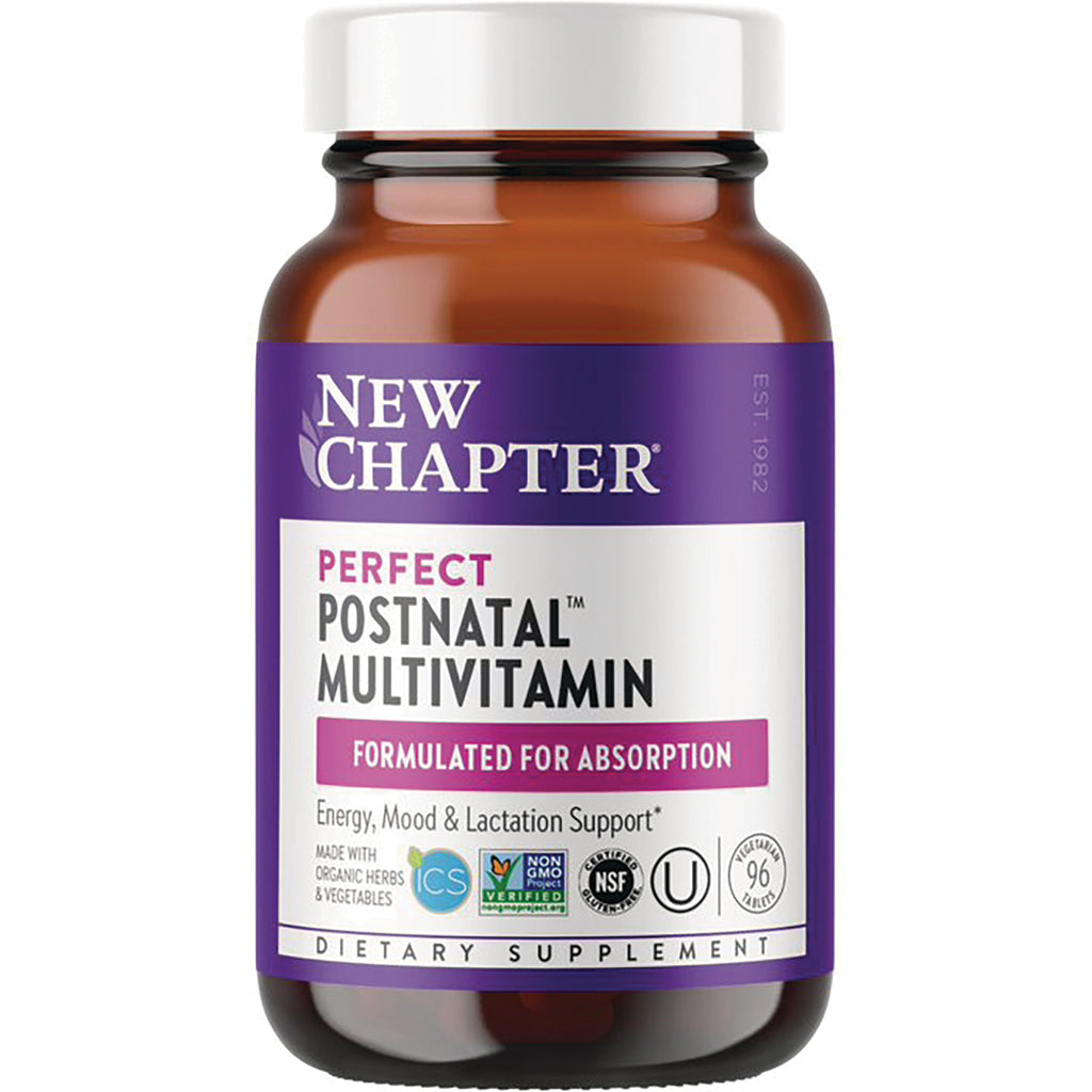 NWC262 | New Chapter Perfect Postnatal multivitamin brown glass bottle with purple label and white cap, front view - Thumbnail