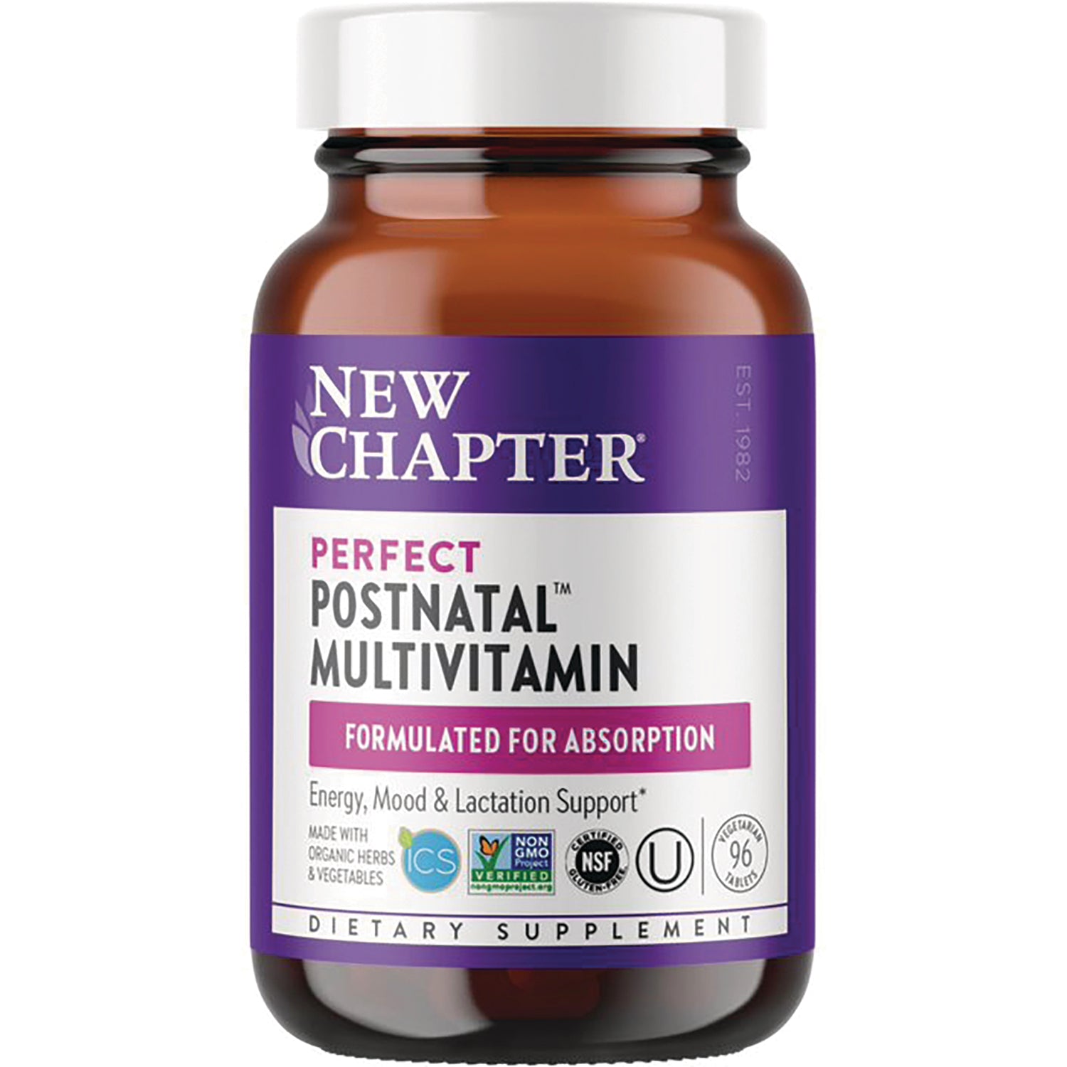 NWC262 | New Chapter Perfect Postnatal multivitamin brown glass bottle with purple label and white cap, front view