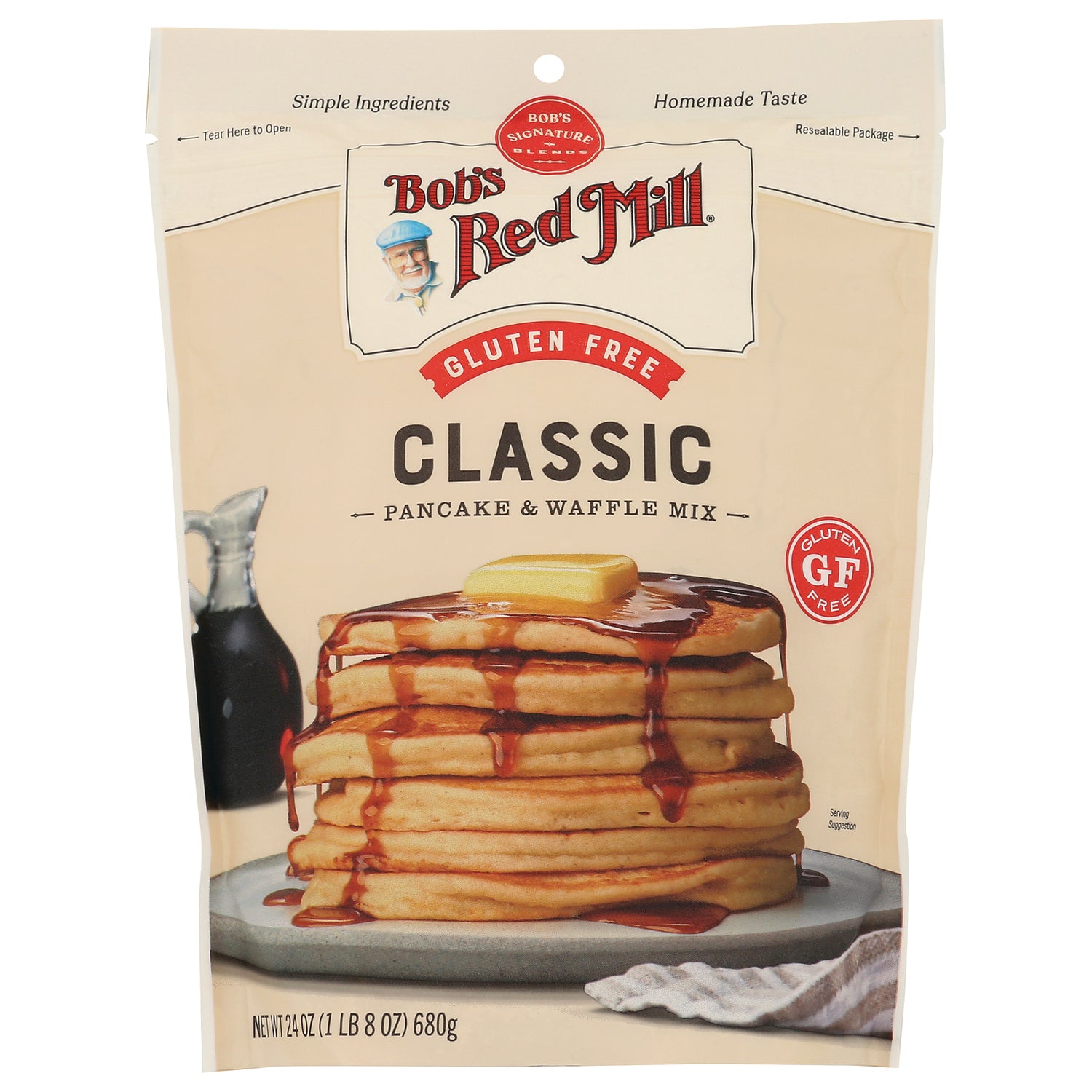 BOB318 | Bob's Red Mill Classic pancake & waffle mix bag, gluten free, front with stack of pancakes and syrup