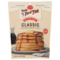 BOB318 | Bob's Red Mill Classic pancake & waffle mix bag, gluten free, front with stack of pancakes and syrup