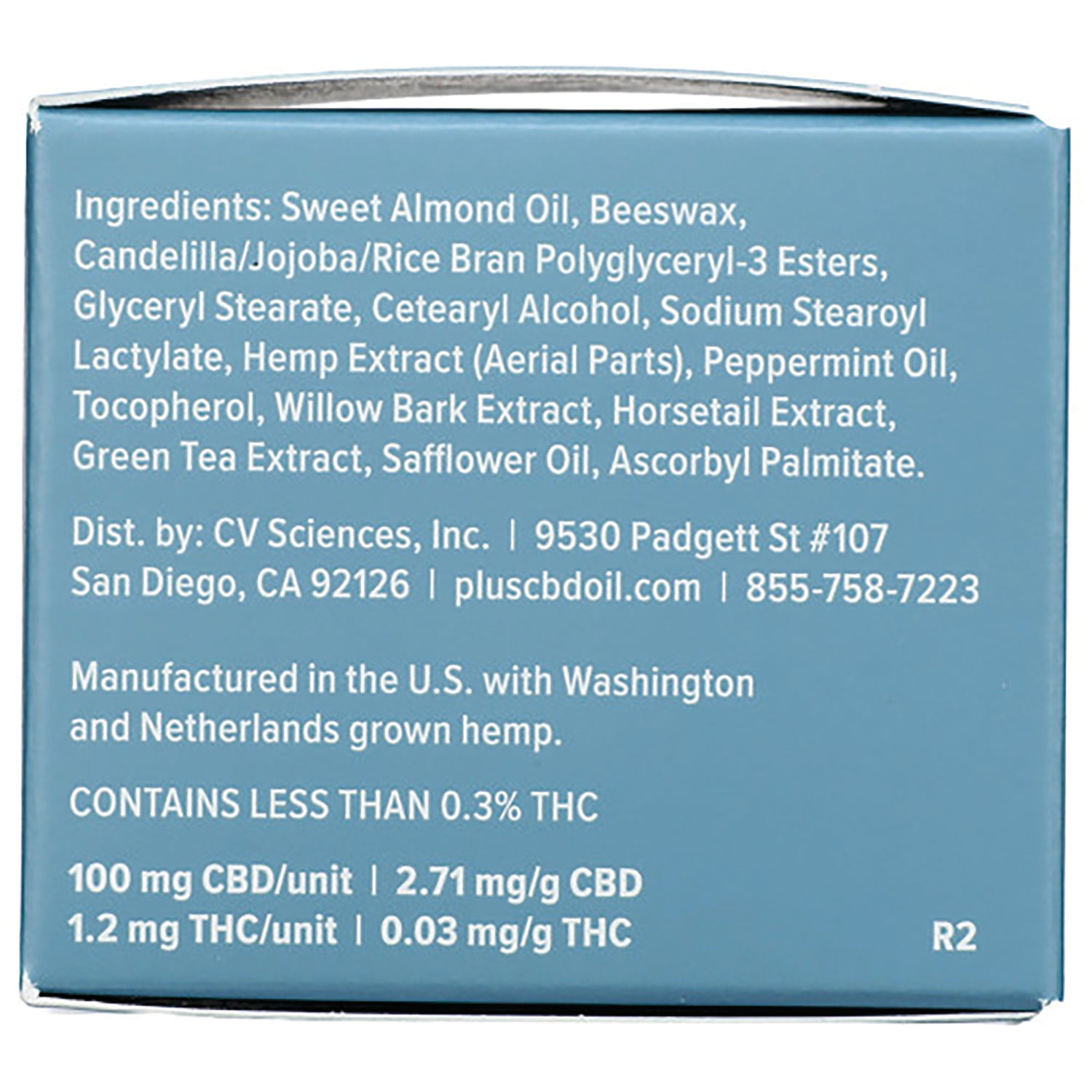 Blue box back panel listing ingredients, distributor contact, contains less than 0.3% THC and 100 mg CBD per unit