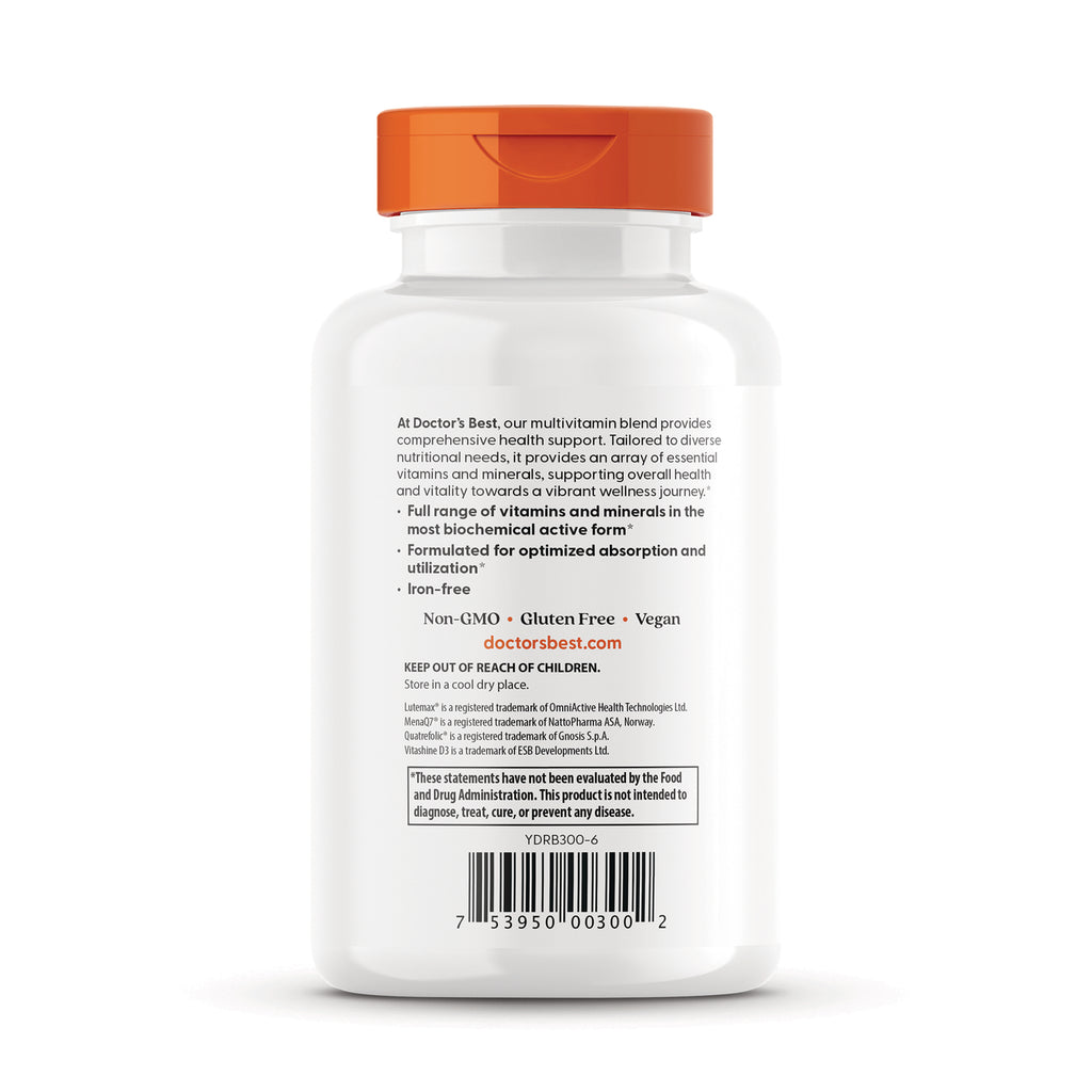 White supplement bottle back with orange cap showing ingredients, warnings, doctorsbest.com and barcode - Thumbnail
