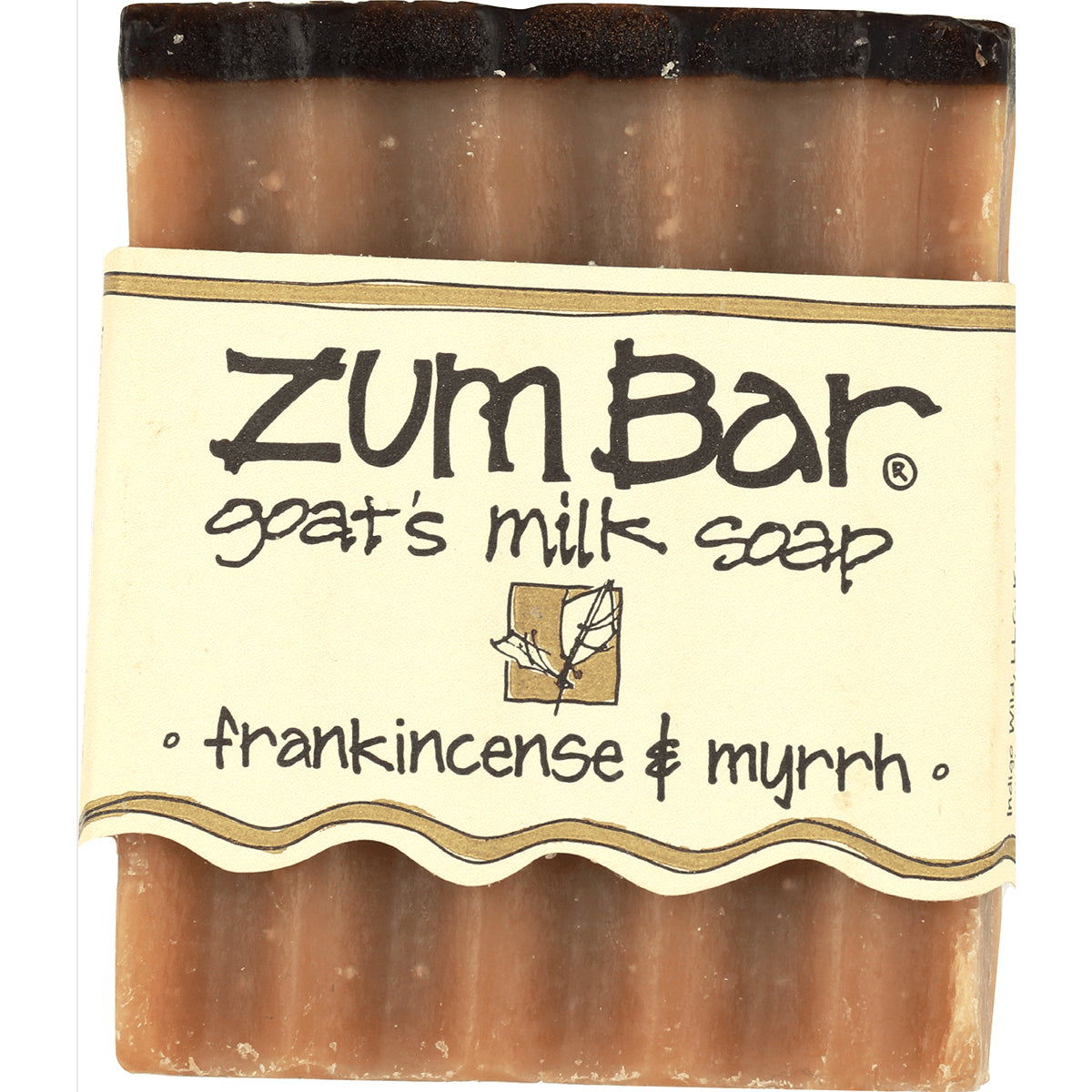 IW021 | Zum Bar goat's milk soap bar with frankincense & myrrh label, front view