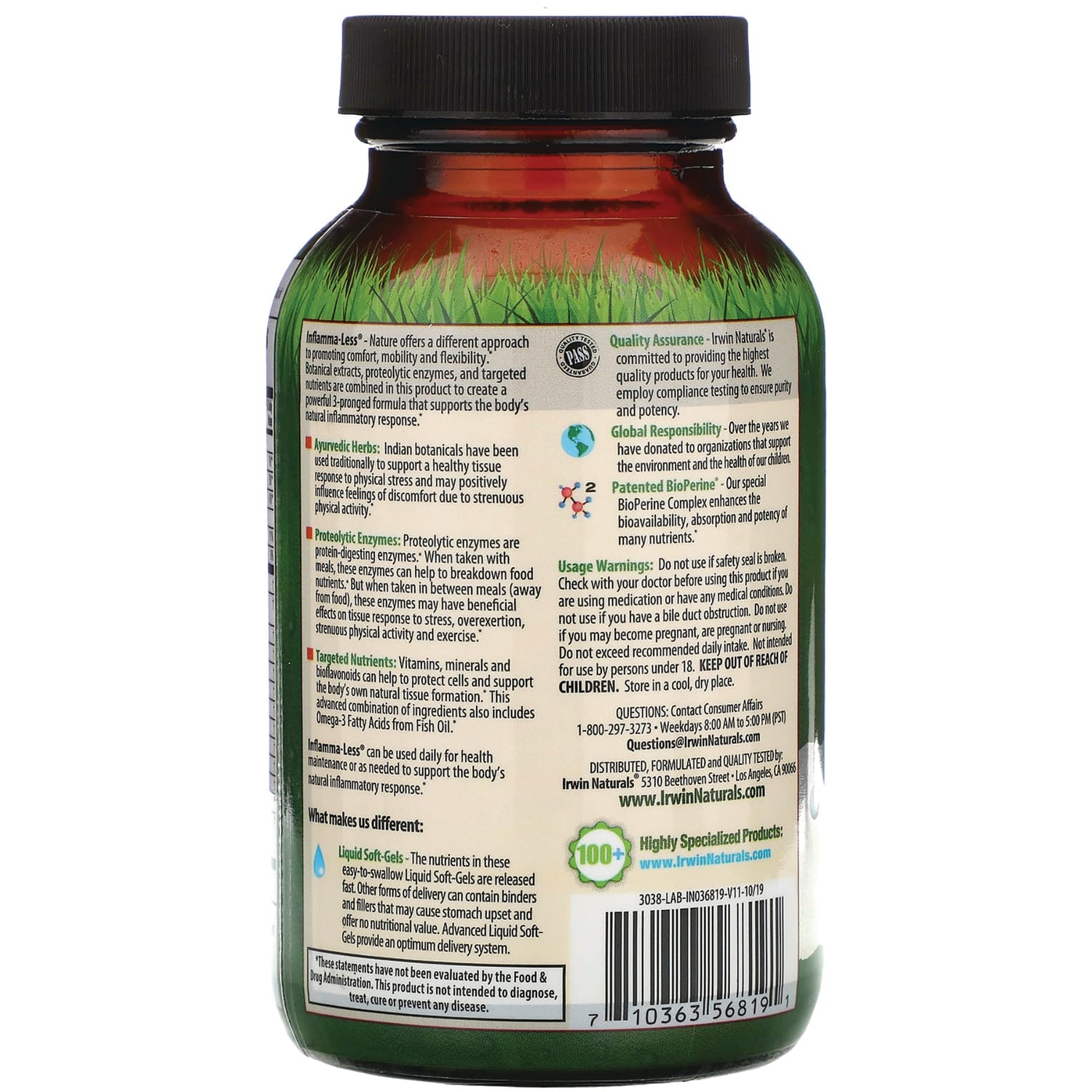 IR076 | Back of amber supplement bottle showing ingredients, usage warnings, and barcode