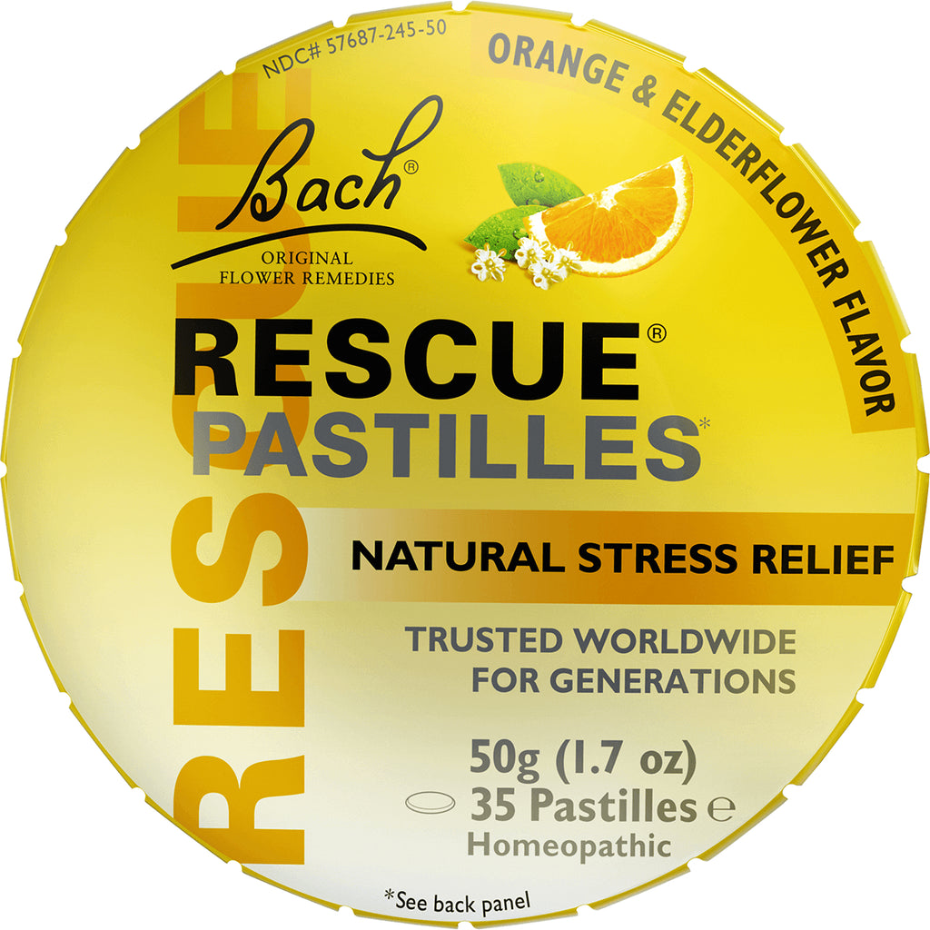 BFL015 | Yellow round tin of Rescue Pastilles, orange & elderflower flavor, natural stress relief, 50g 35 pastilles - Thumbnail