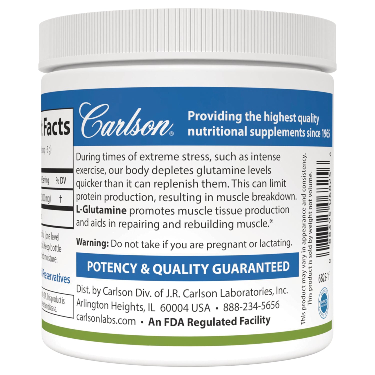 CSN126 | Back label of Carlson supplement jar showing L-Glutamine description, warning, potency & quality guaranteed banner and barcode