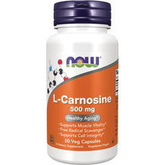 NWF763 | NOW L-Carnosine 500 mg supplement bottle with orange label, 50 veg capsules