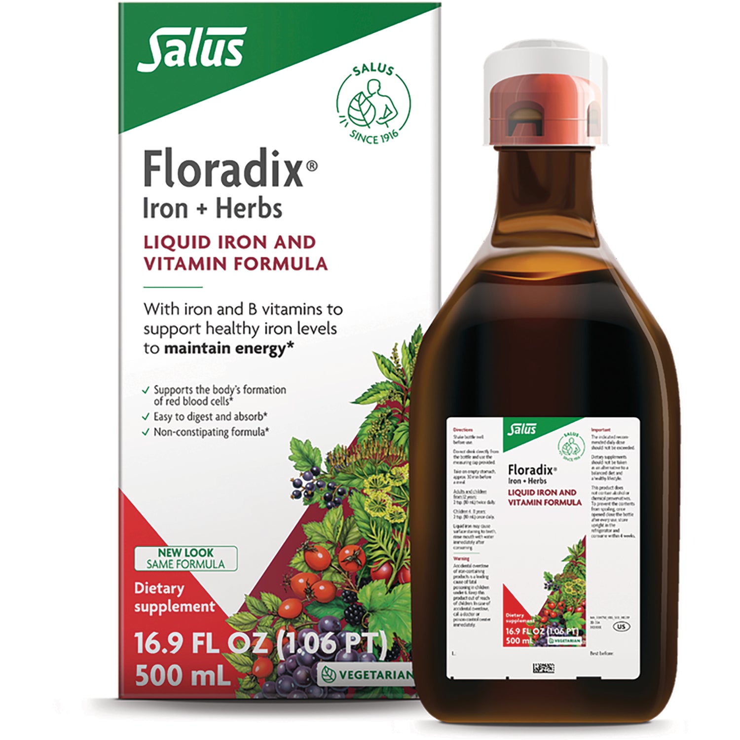 FDX002 | Floradix liquid iron and vitamin formula bottle and box, 500 mL vegetarian dietary supplement