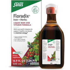 FDX002 | Floradix liquid iron and vitamin formula bottle and box, 500 mL vegetarian dietary supplement