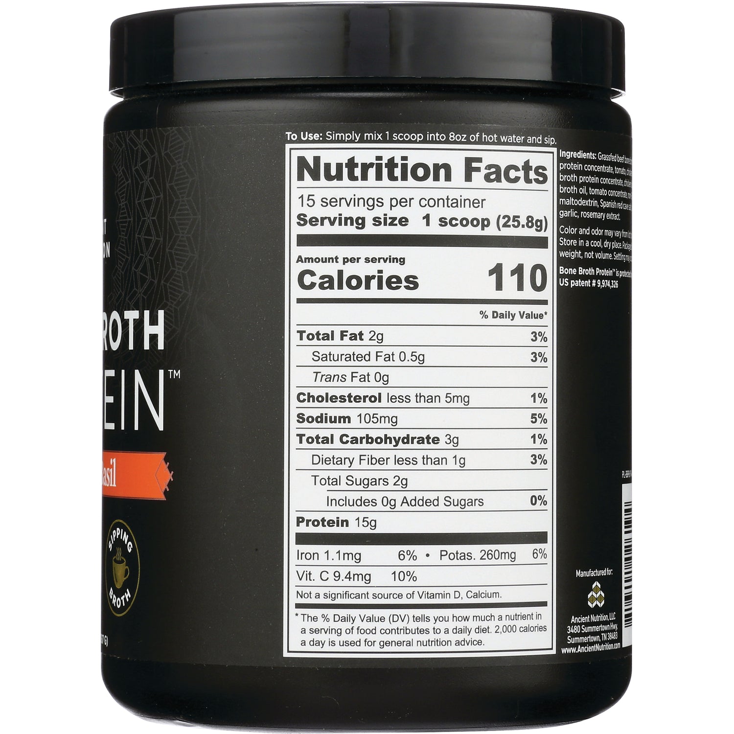 ATN097 | Back of black supplement jar showing Nutrition Facts panel with serving size 1 scoop and 110 calories