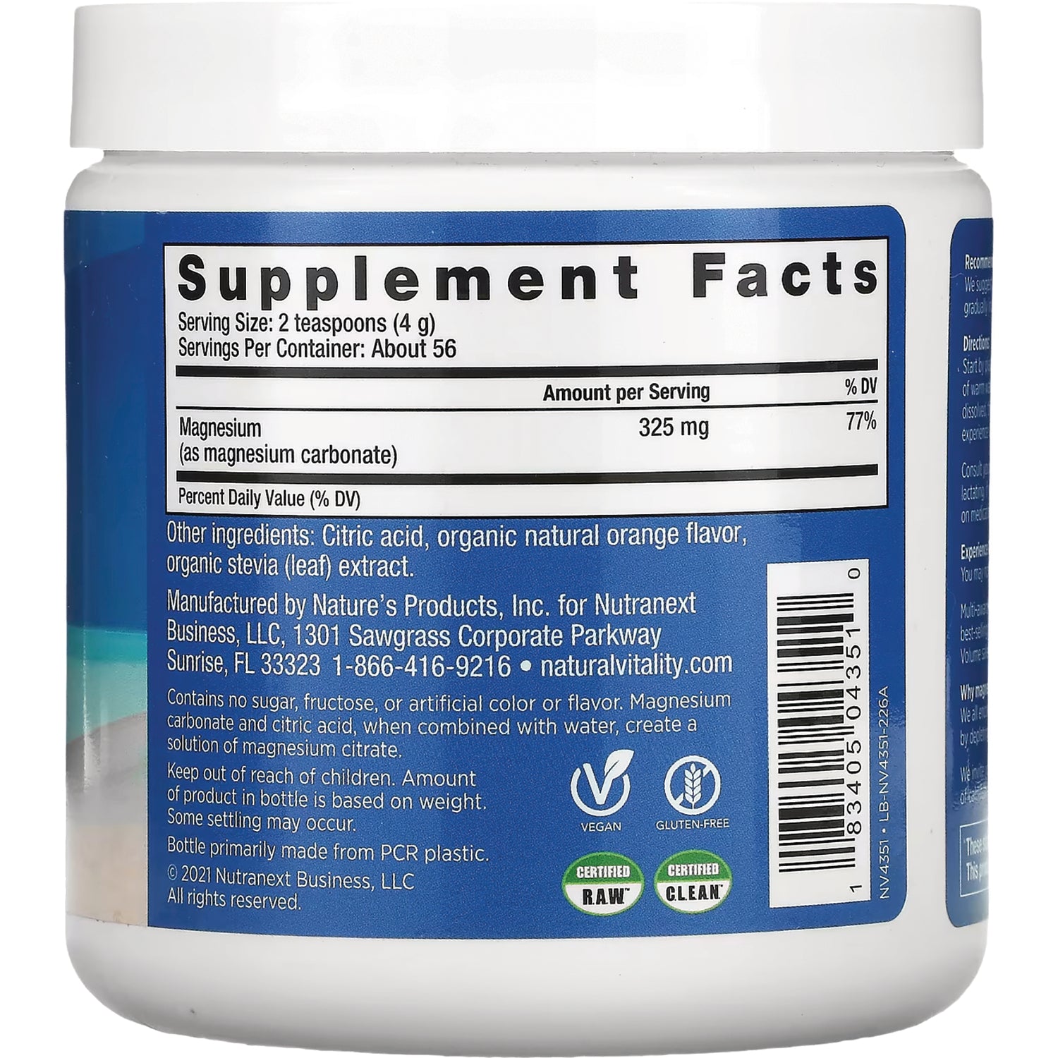 NVT054 | Back label showing Supplement Facts panel with magnesium 325 mg, ingredients, barcode and certification icons